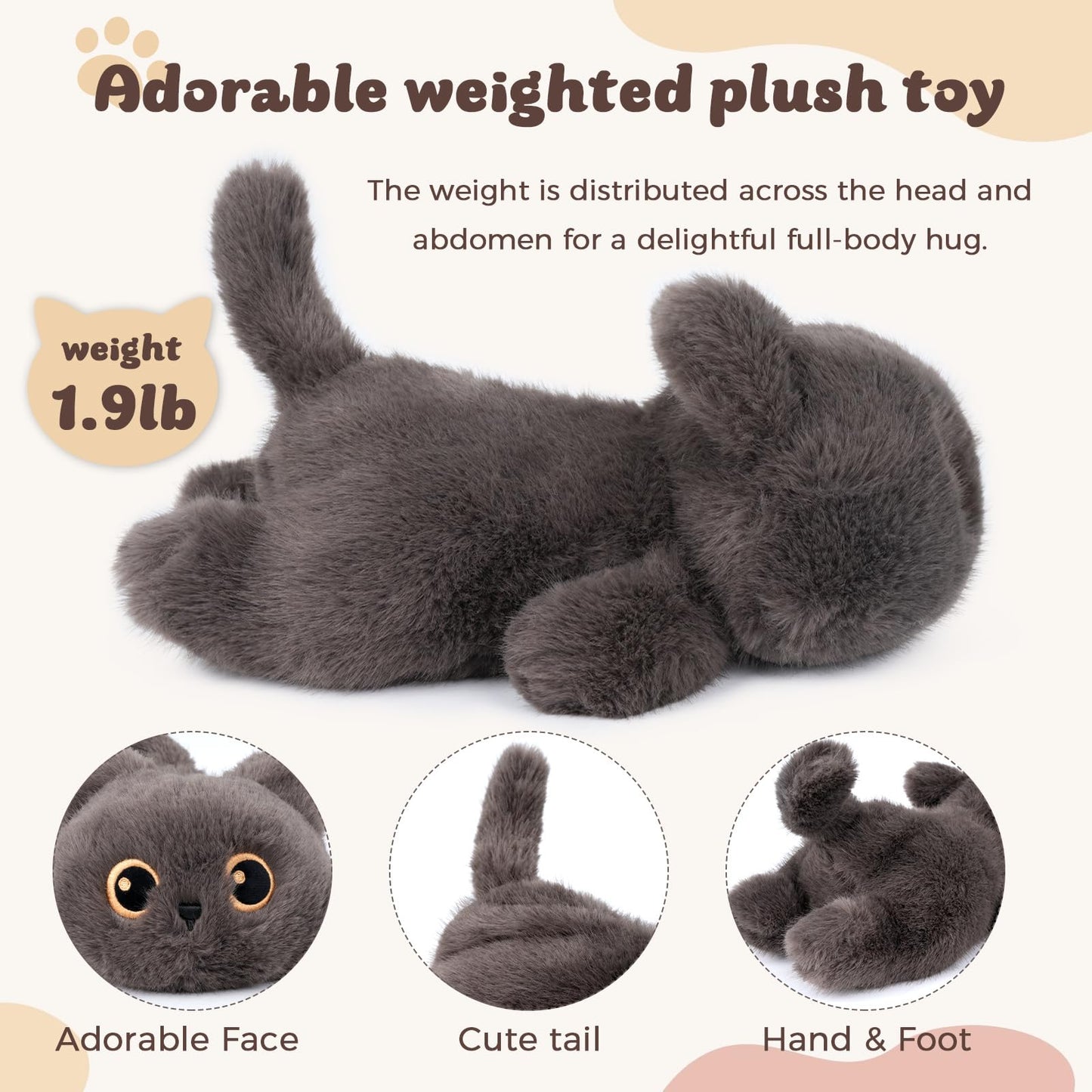 YOUBLEK 1.9 lbs Weighted Cat Plush – Dark Grey Calico Cat, Cozy Cuddle Toy for Kids & Adults