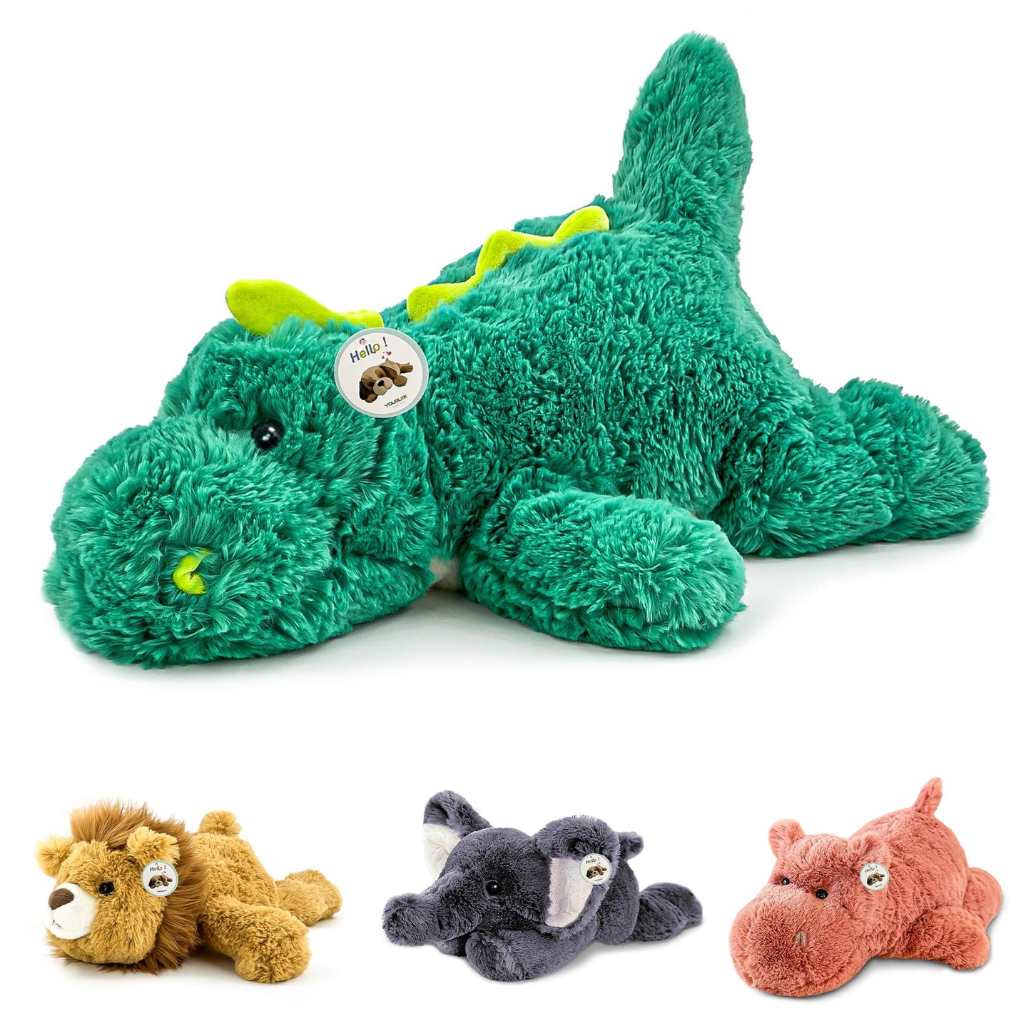 YOUBLEK 16-Inch Green Dinosaur Weighted Plush — Sensory Hug Pillow (2 lb)