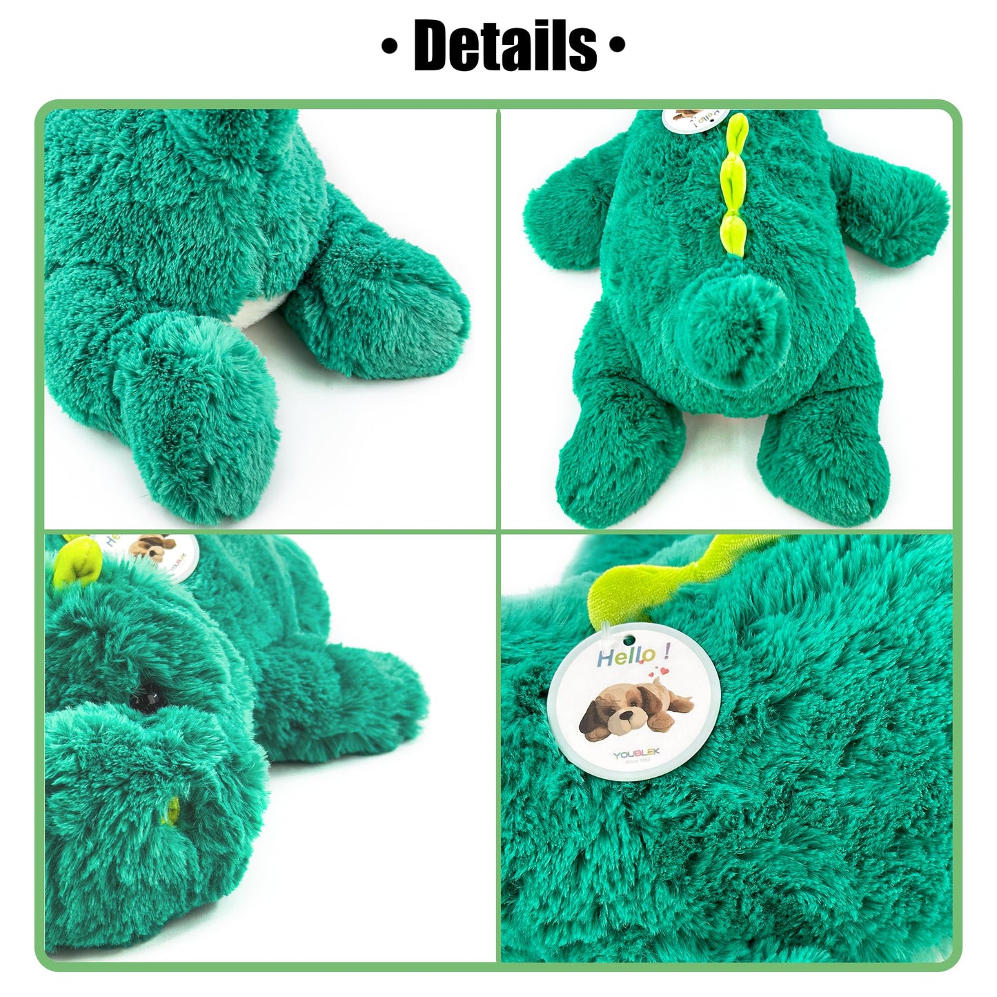 YOUBLEK 16-Inch Green Dinosaur Weighted Plush — Sensory Hug Pillow (2 lb)
