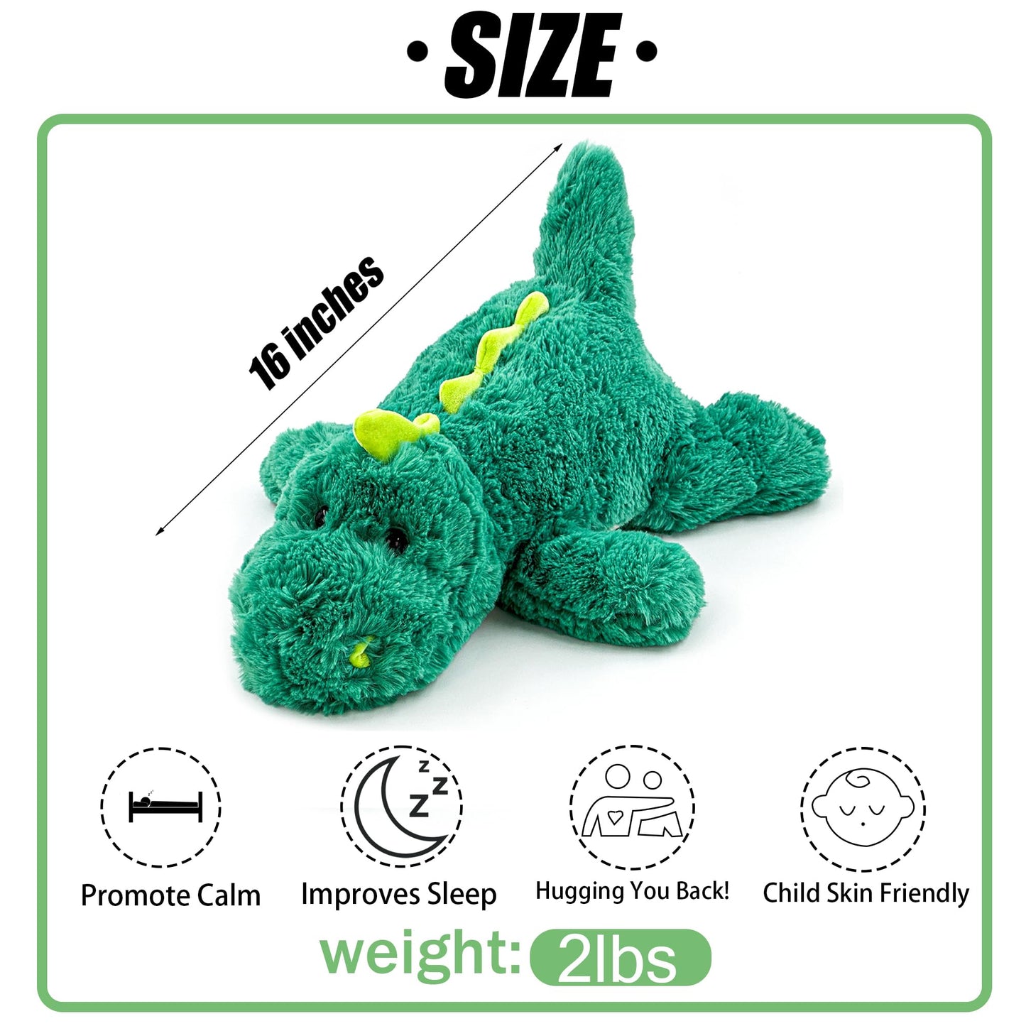 YOUBLEK 16-Inch Green Dinosaur Weighted Plush — Sensory Hug Pillow (2 lb)