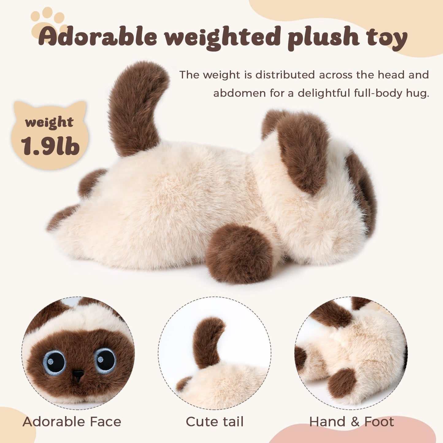 YOUBLEK 1.9lbs Weighted Siamese Cat Plush – Cozy Cuddle Toy for Kids & Adults