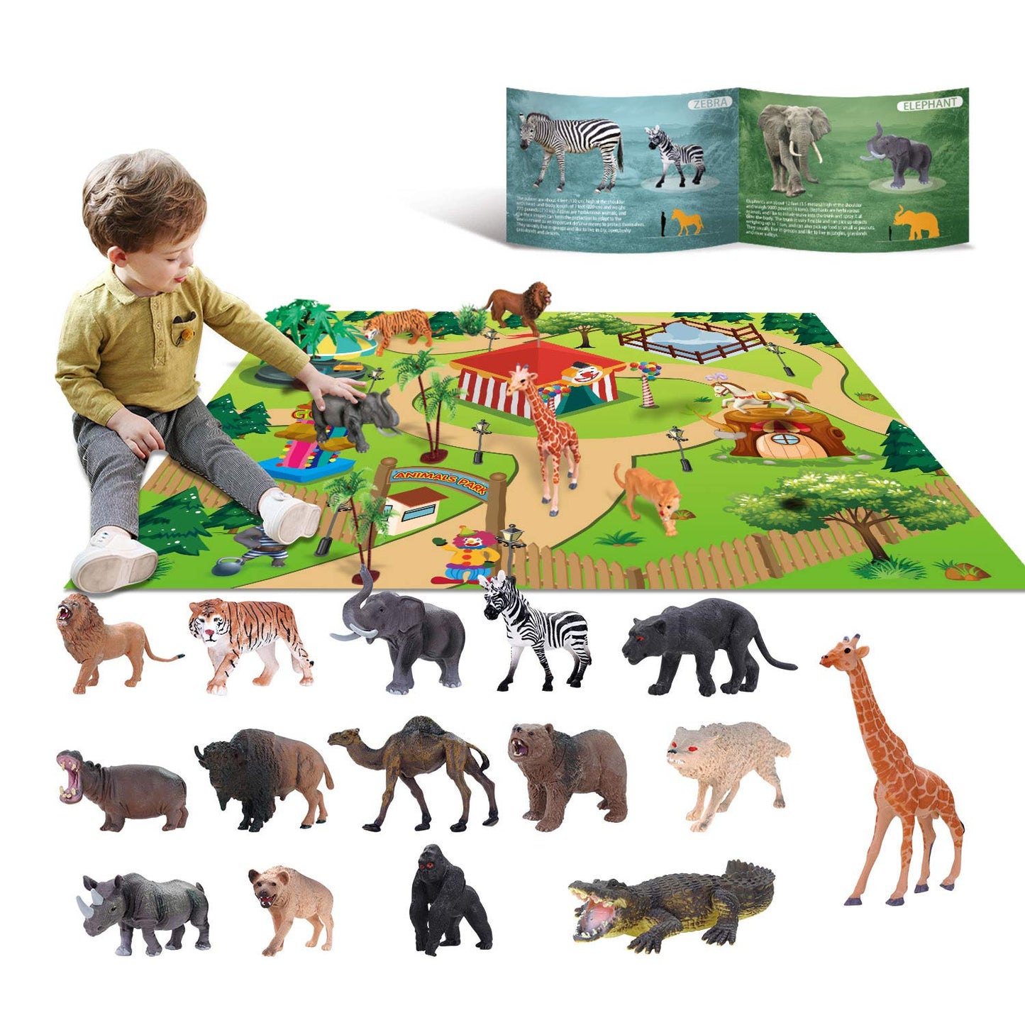 YouCute 15 Animal Toys Set – Realistic Safari Animals with Play Mat