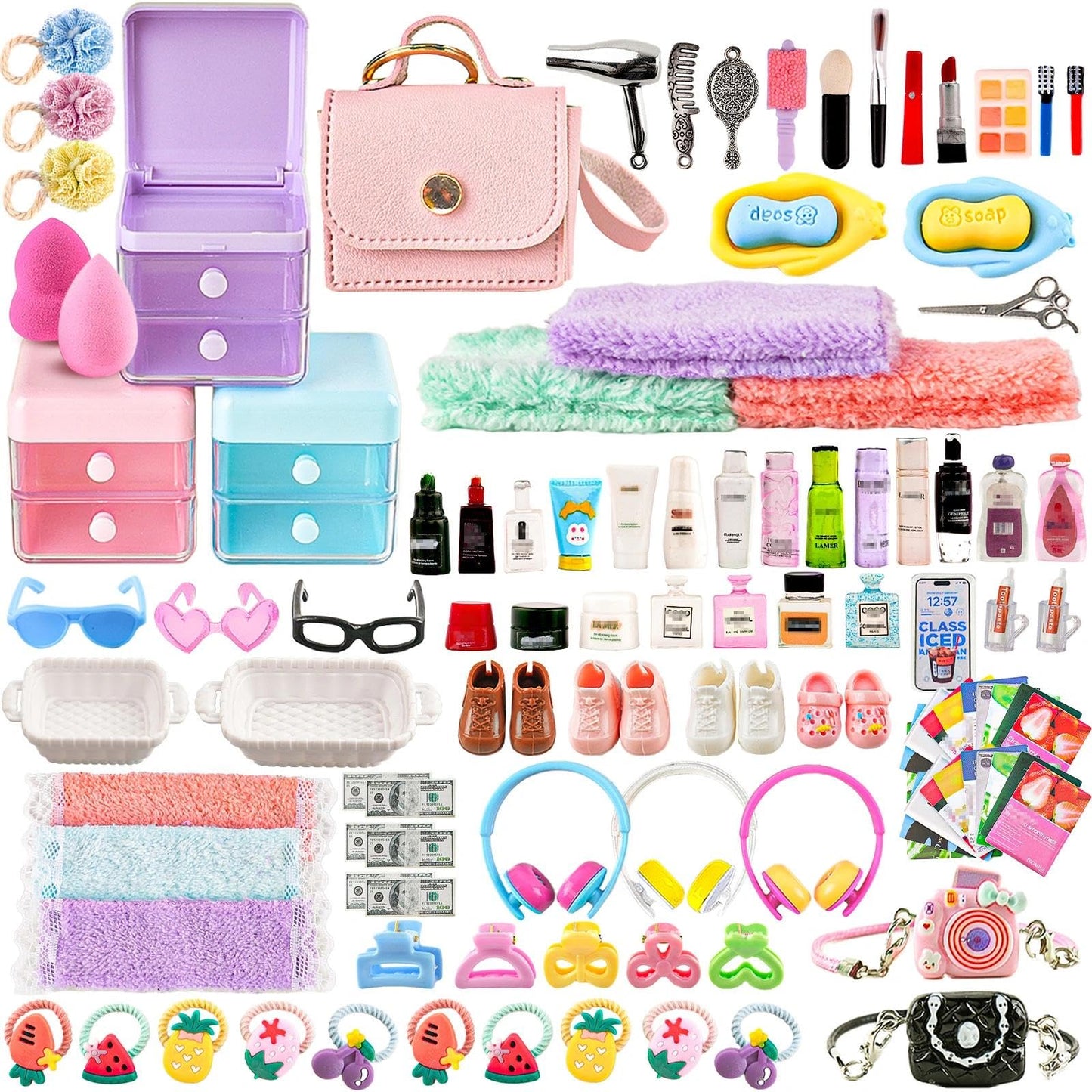 YOUHORYA 116Pcs Dollhouse Accessories Set – Makeup Tools, Bathroom, Handbag Miniatures