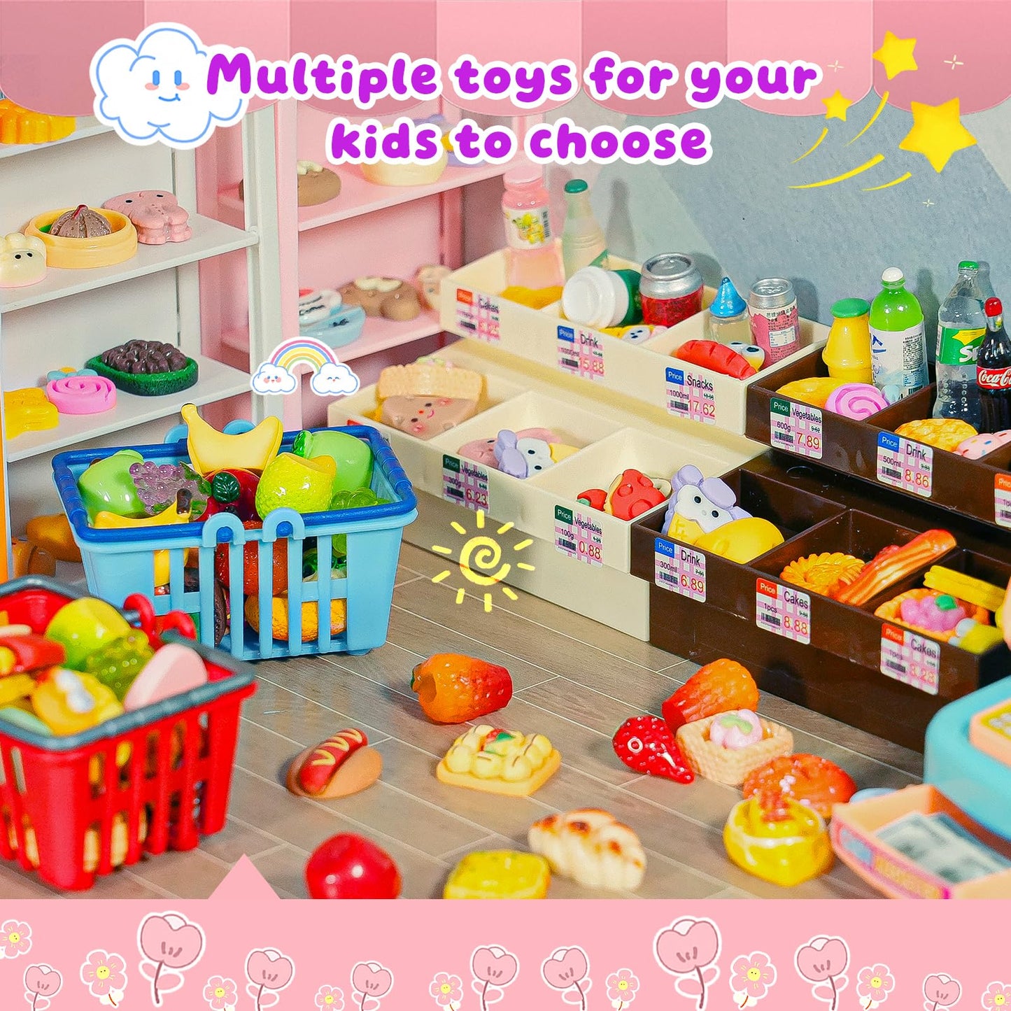 YOUHORYA 183Mini Grocery Playset – Dollhouse Cart, Shelves, Cash Register & Mini Food