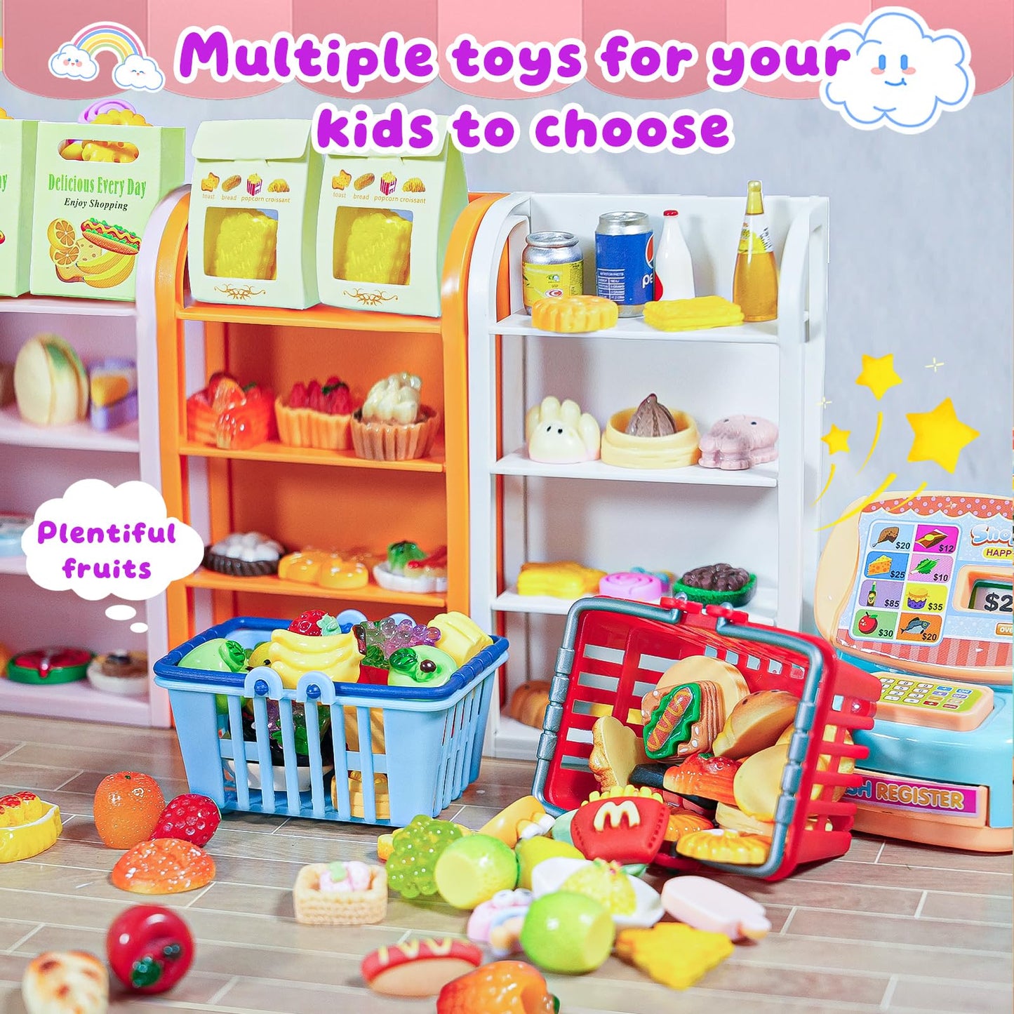 YOUHORYA 183Mini Grocery Playset – Dollhouse Cart, Shelves, Cash Register & Mini Food