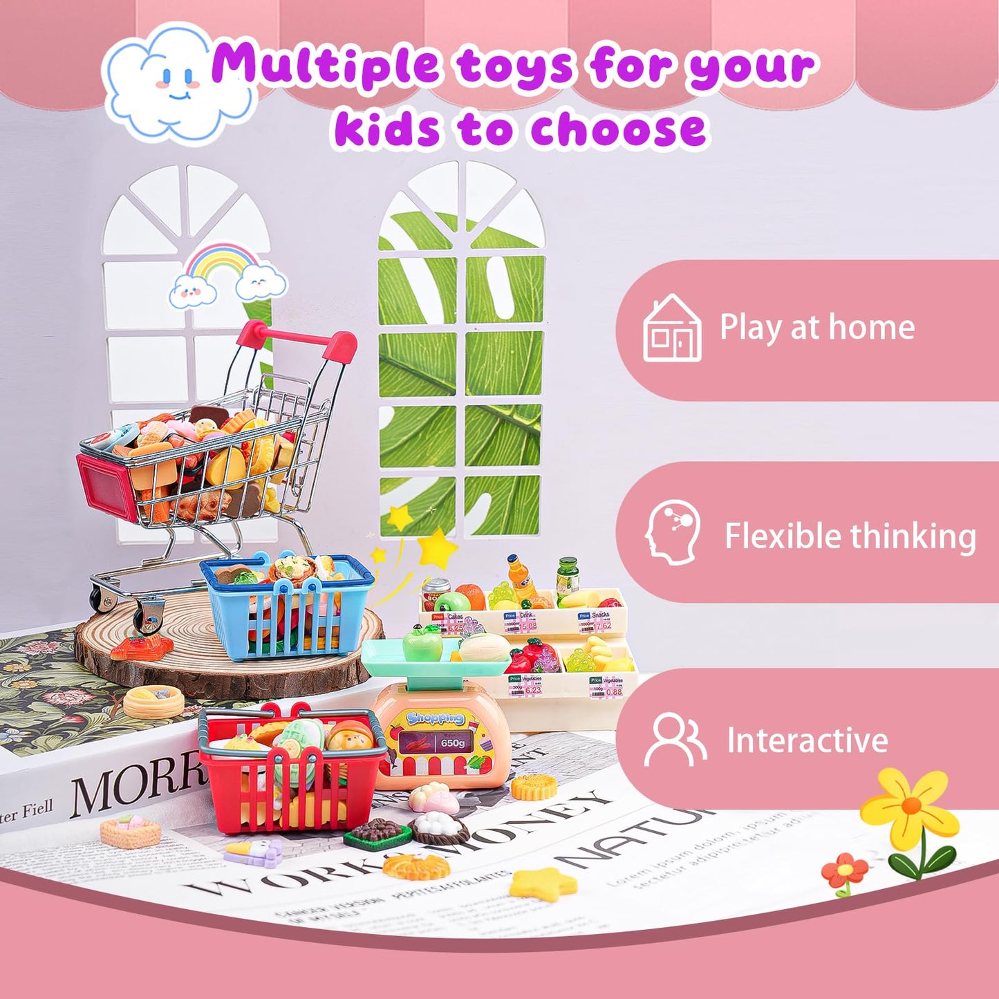 YOUHORYA 183Mini Grocery Playset – Dollhouse Cart, Shelves, Cash Register & Mini Food