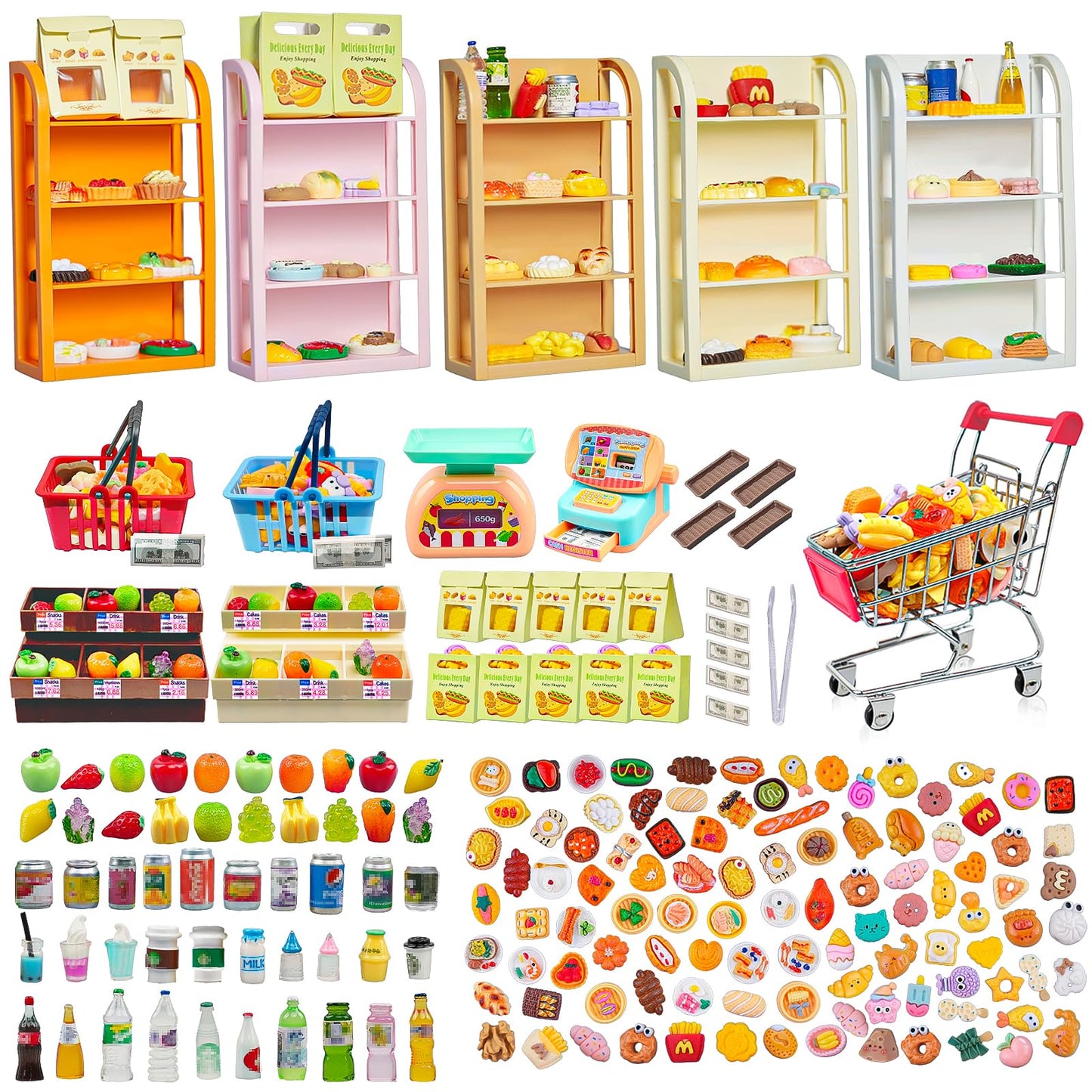 YOUHORYA 183Mini Grocery Playset – Dollhouse Cart, Shelves, Cash Register & Mini Food