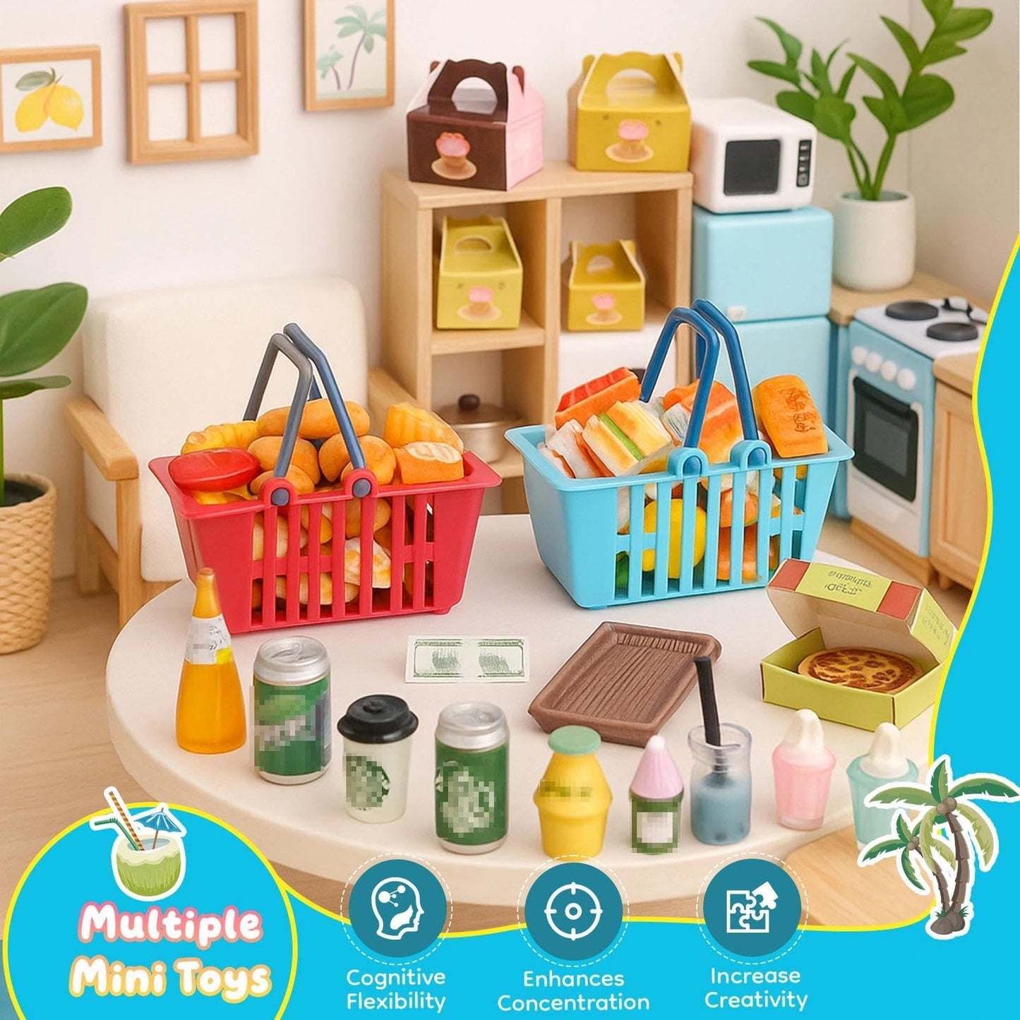 YOUHORYA 196Pcs Mini Shopping Cart Market Playset – Realistic Dollhouse Grocery Kit