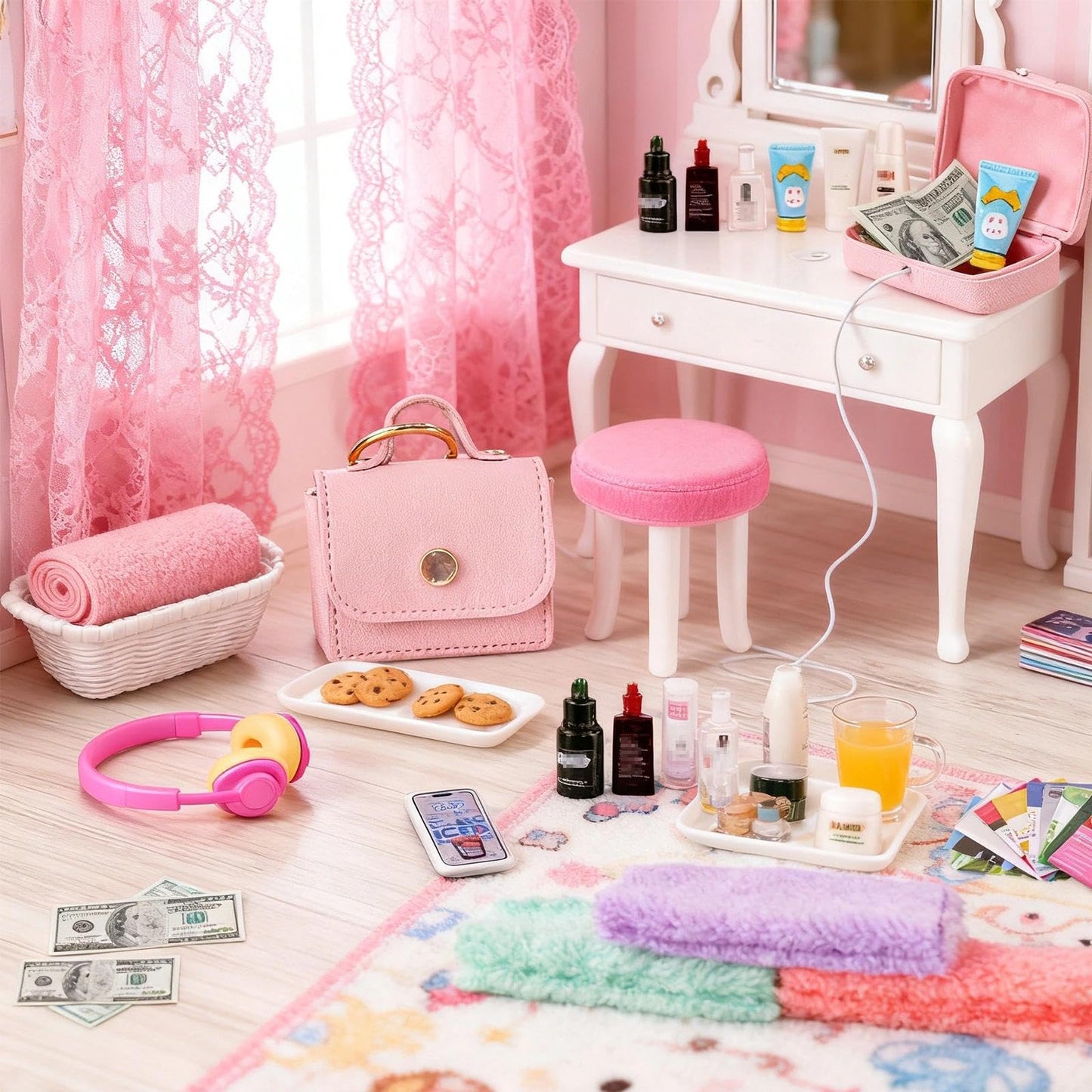 YOUHORYA 116Pcs Dollhouse Accessories Set – Makeup Tools, Bathroom, Handbag Miniatures