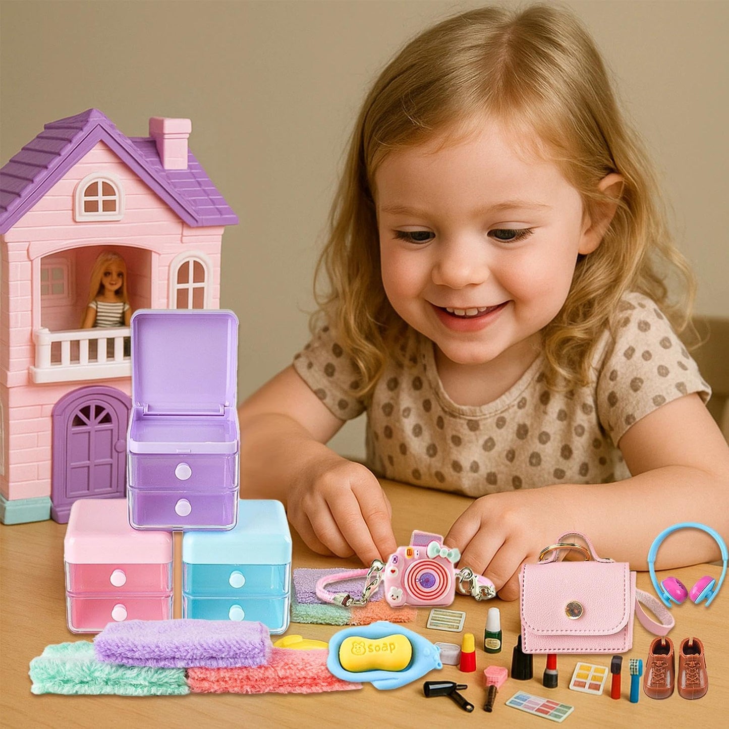 YOUHORYA 116Pcs Dollhouse Accessories Set – Makeup Tools, Bathroom, Handbag Miniatures