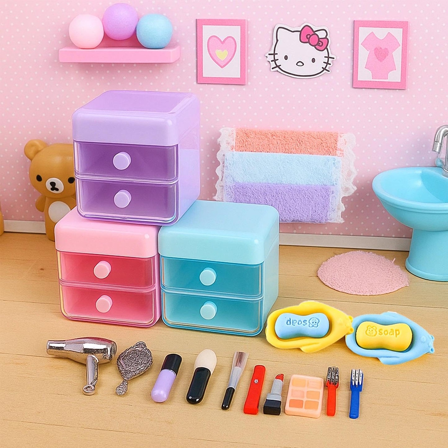 YOUHORYA 116Pcs Dollhouse Accessories Set – Makeup Tools, Bathroom, Handbag Miniatures