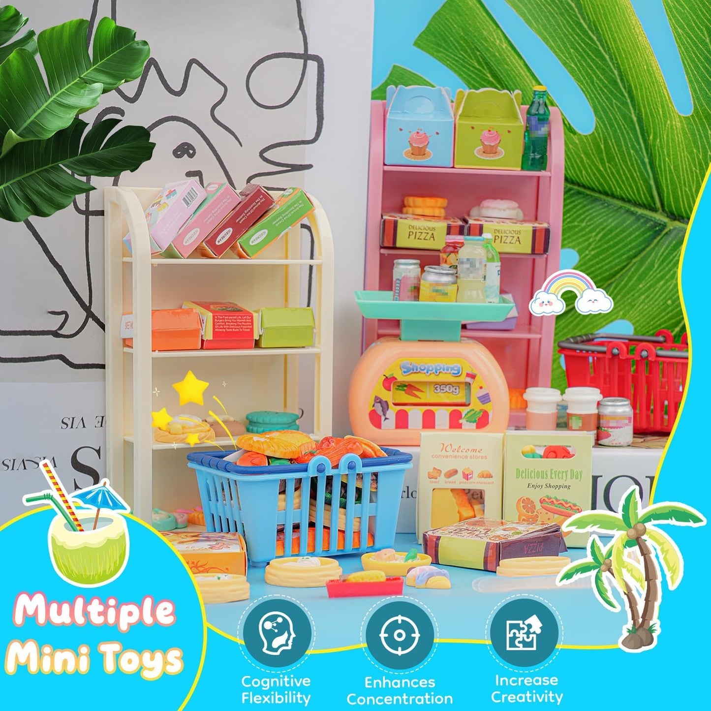 YOUHORYA 196Pcs Mini Shopping Cart Market Playset – Realistic Dollhouse Grocery Kit