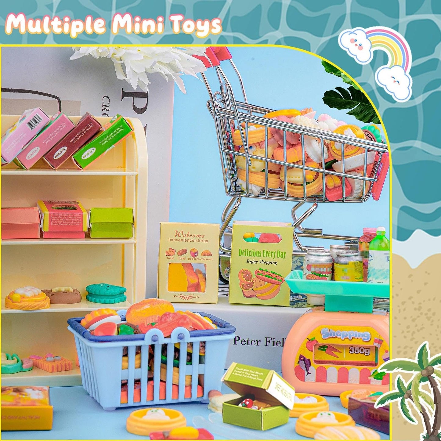 YOUHORYA 196Pcs Mini Shopping Cart Market Playset – Realistic Dollhouse Grocery Kit