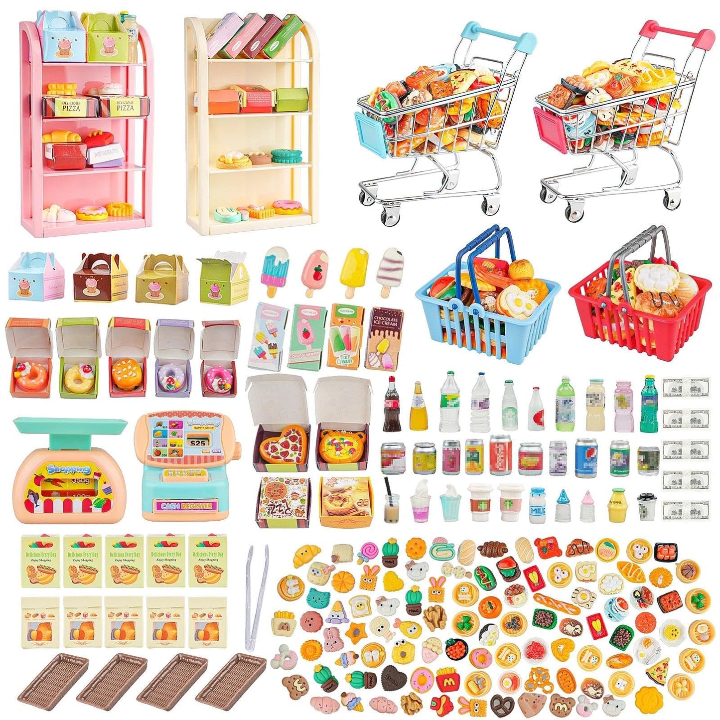 YOUHORYA 196Pcs Mini Shopping Cart Market Playset – Realistic Dollhouse Grocery Kit