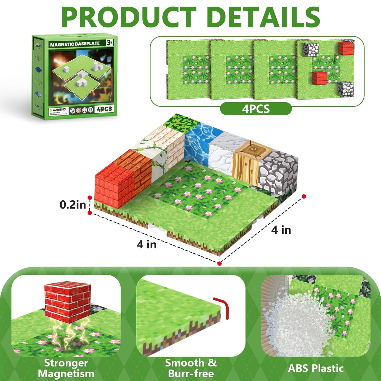 Youngyes 4-Pack Magnetic Baseplates for Building Blocks | STEM Toys for Kids 4-12 (4x4 in) Garden