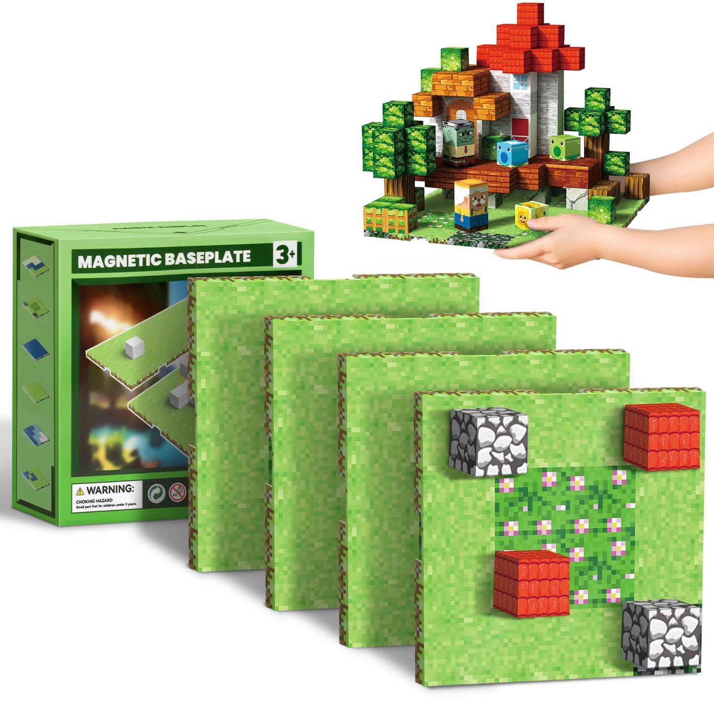 Youngyes 4-Pack Magnetic Baseplates for Building Blocks | STEM Toys for Kids 4-12 (4x4 in) Garden
