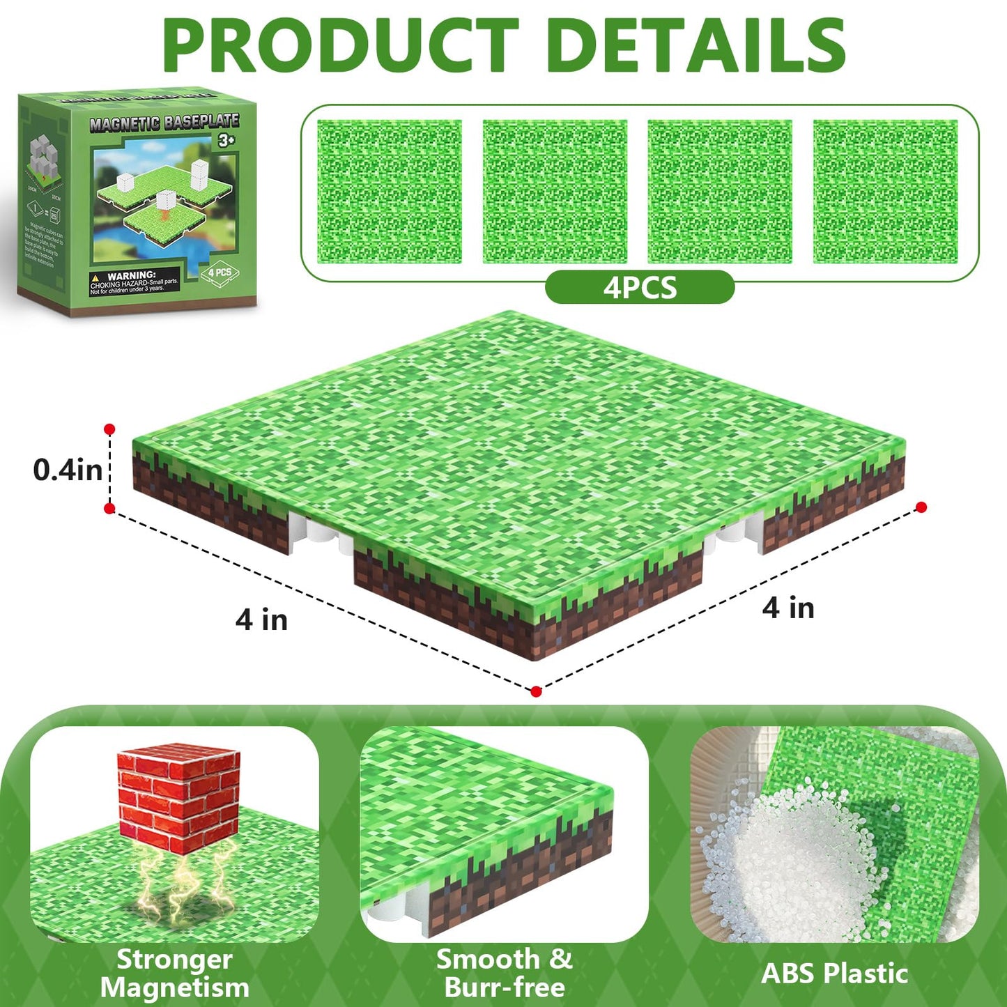 Youngyes Magnetic Baseplates (4-Pack) 4x4 Grid for Magnetic Building Blocks | STEM Toys