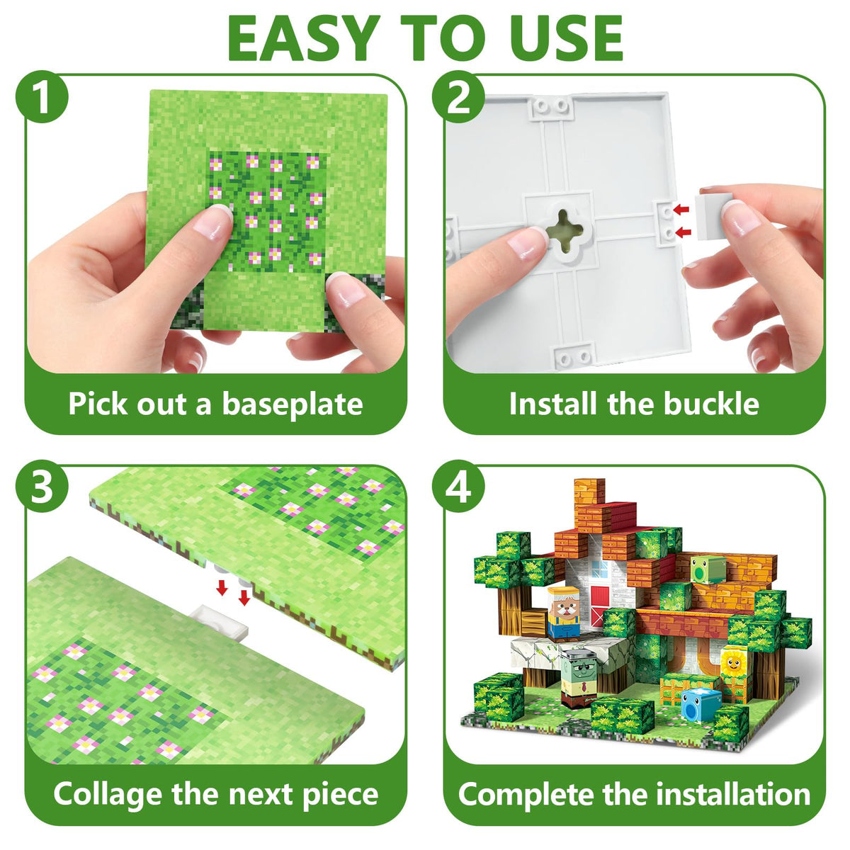Youngyes 4-Pack Magnetic Baseplates for Building Blocks | STEM Toys for Kids 4-12 (4x4 in) Garden