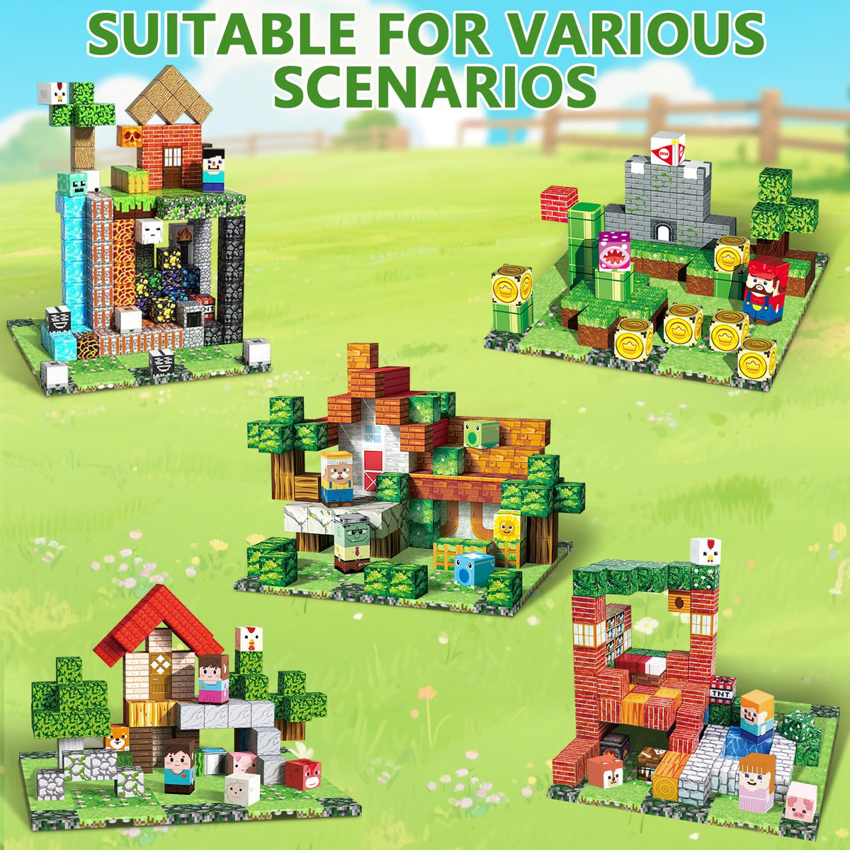 Youngyes 4-Pack Magnetic Baseplates for Building Blocks | STEM Toys for Kids 4-12 (4x4 in) Garden