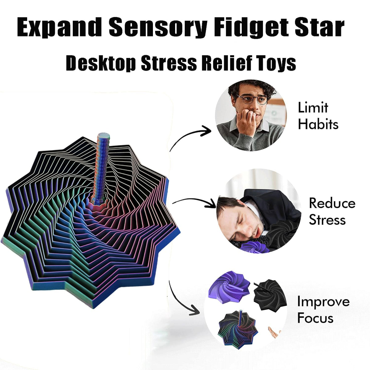 Younixo 3D Printed Expanded Sensory Fidget Star – Fractal Hexagon with Handles (Blue-Purple) | Large 4in & 6in