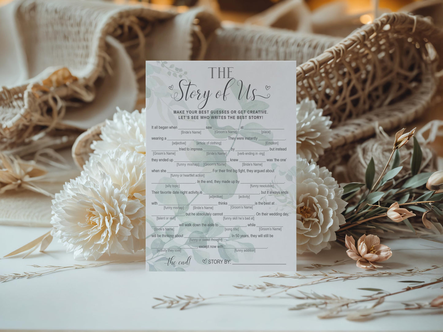 Your Main Event Prints Our Love Story Game – 50 Whimsical Eucalyptus Bridal Shower Cards