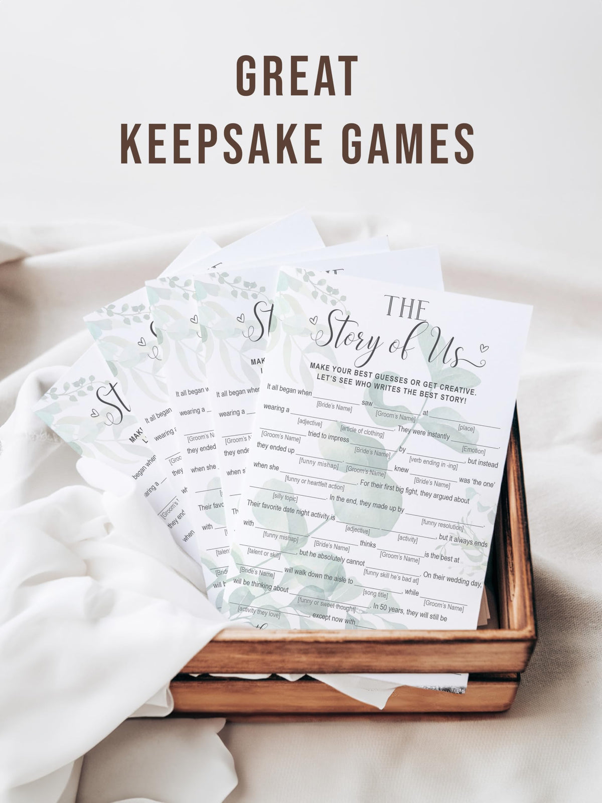 Your Main Event Prints Our Love Story Game – 50 Whimsical Eucalyptus Bridal Shower Cards