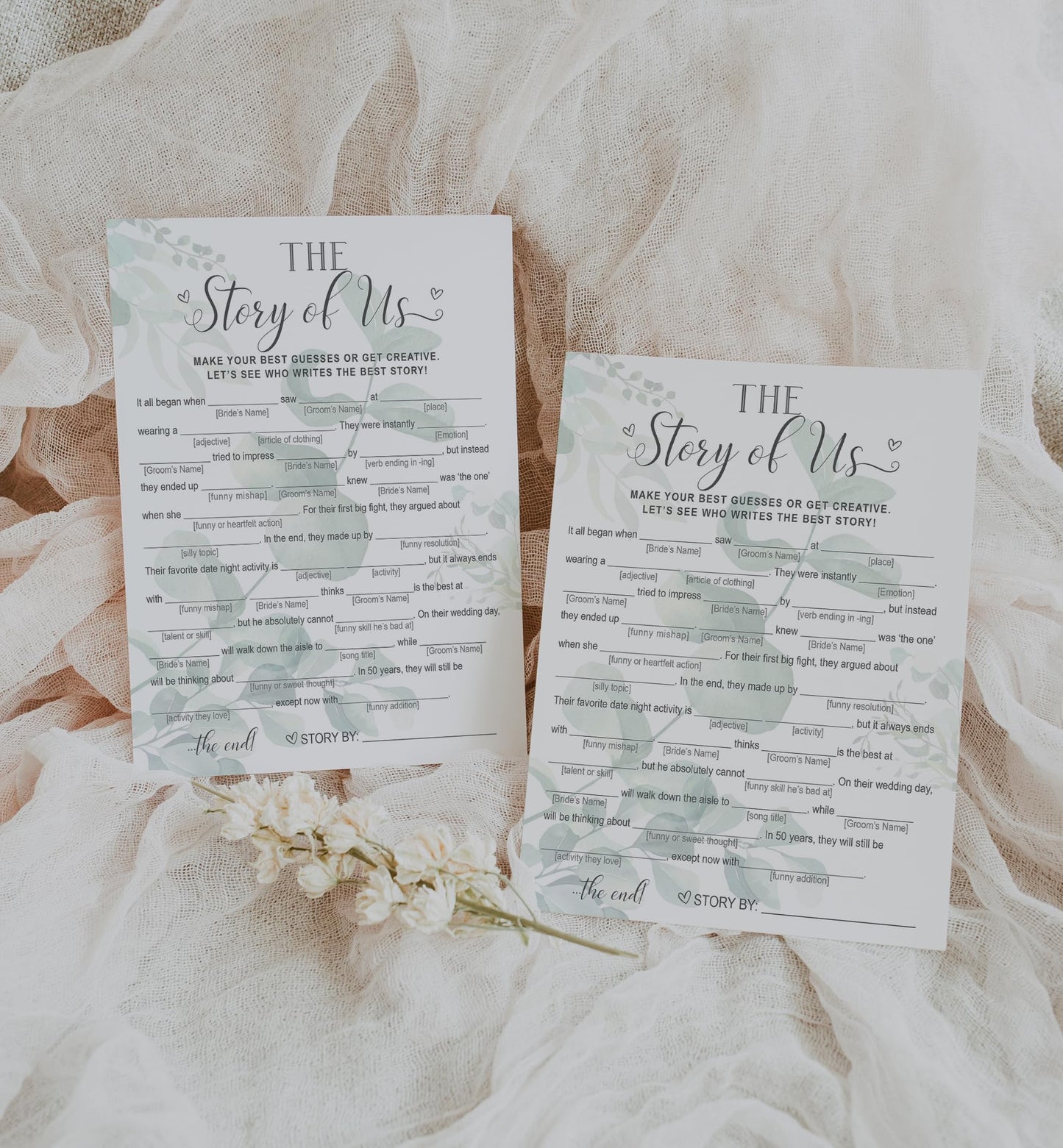 Your Main Event Prints Our Love Story Game – 50 Whimsical Eucalyptus Bridal Shower Cards