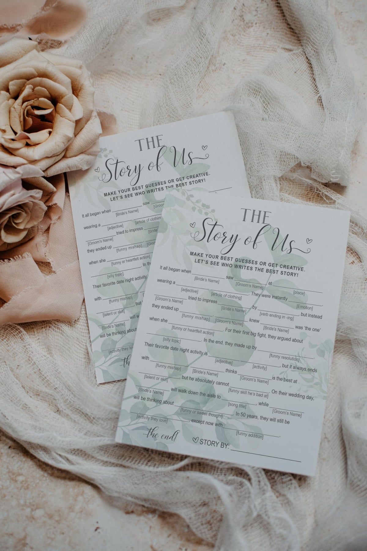 Your Main Event Prints Our Love Story Game – 50 Whimsical Eucalyptus Bridal Shower Cards