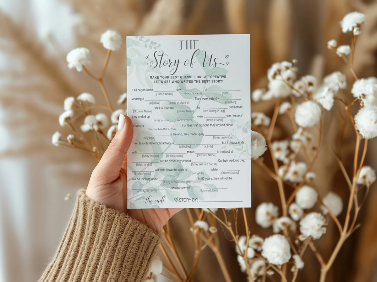 Your Main Event Prints Our Love Story Game – 50 Whimsical Eucalyptus Bridal Shower Cards