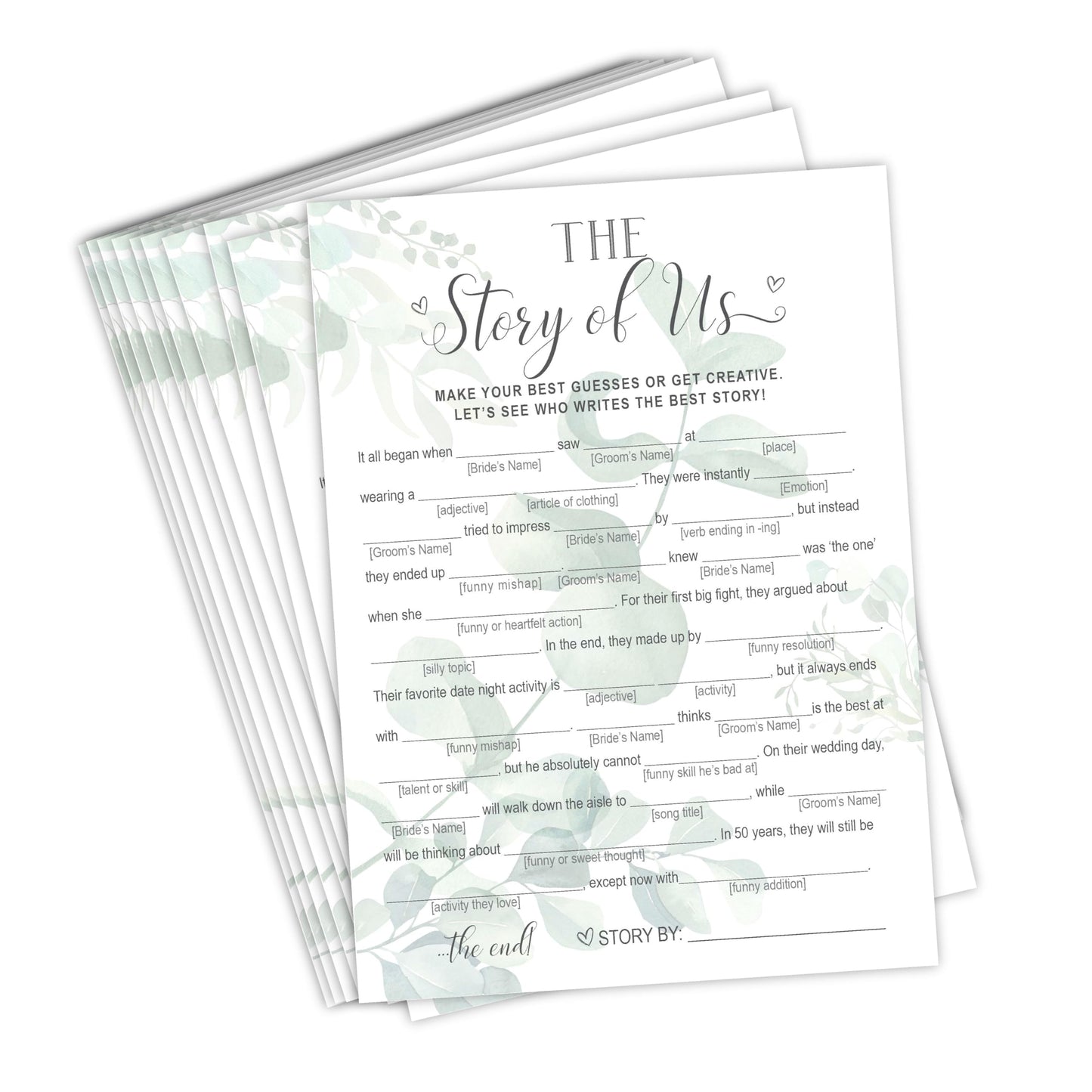 Your Main Event Prints Our Love Story Game – 50 Whimsical Eucalyptus Bridal Shower Cards