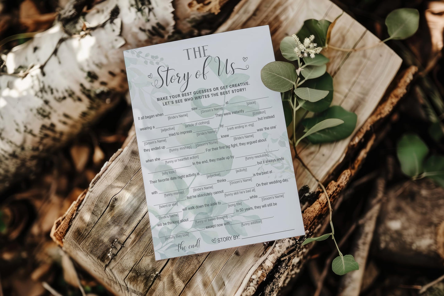 Your Main Event Prints Our Love Story Game – 50 Whimsical Eucalyptus Bridal Shower Cards