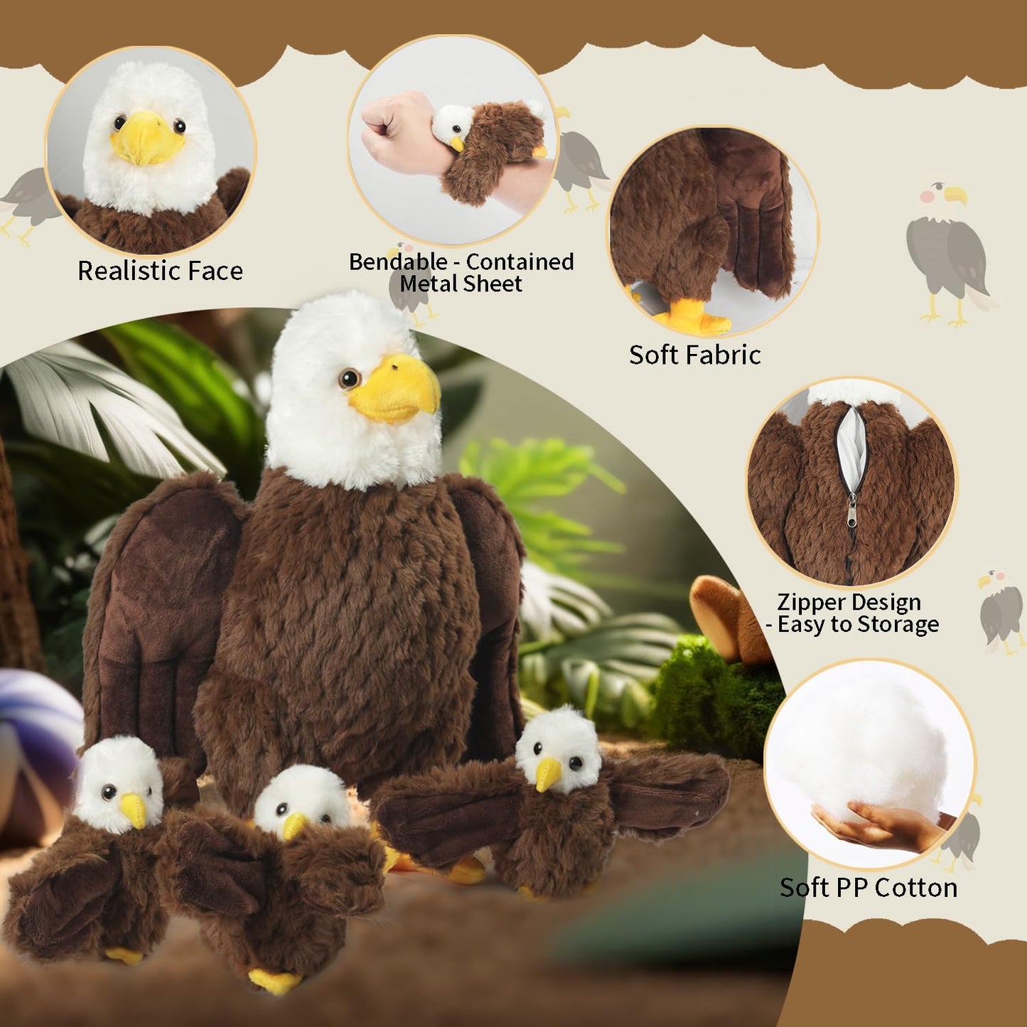 Youthfuljive 4-Piece Bald Eagle Plush Set – Mommy Eagle + 3 Babies | Soft, Safe Plush Toys for Kids