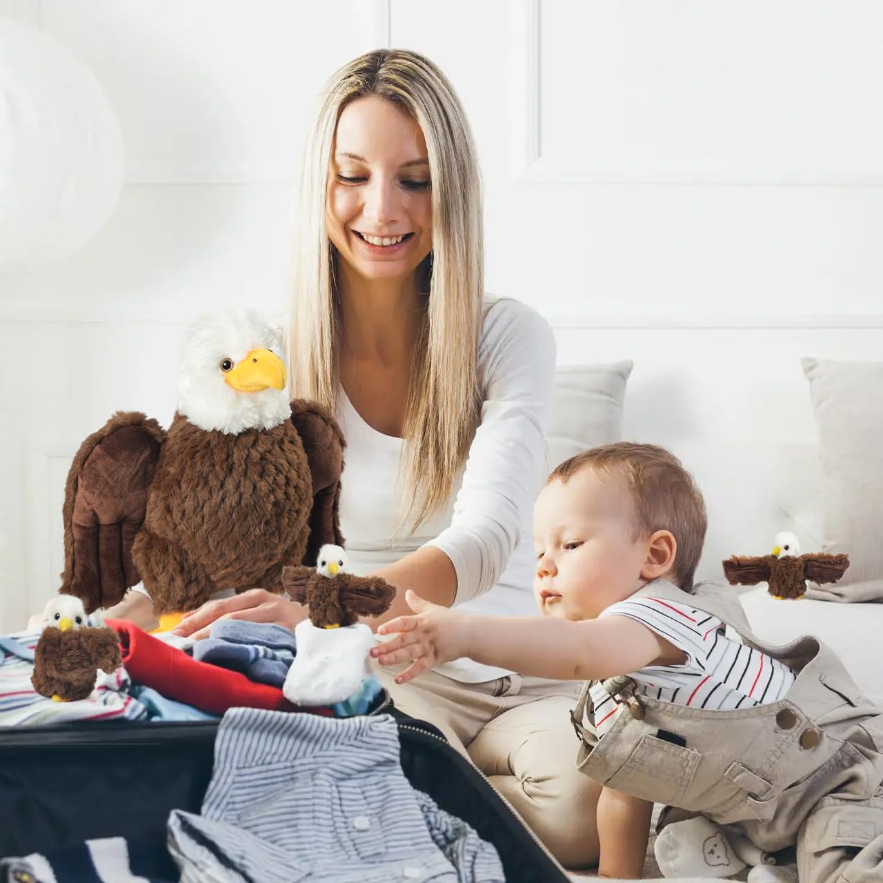 Youthfuljive 4-Piece Bald Eagle Plush Set – Mommy Eagle + 3 Babies | Soft, Safe Plush Toys for Kids