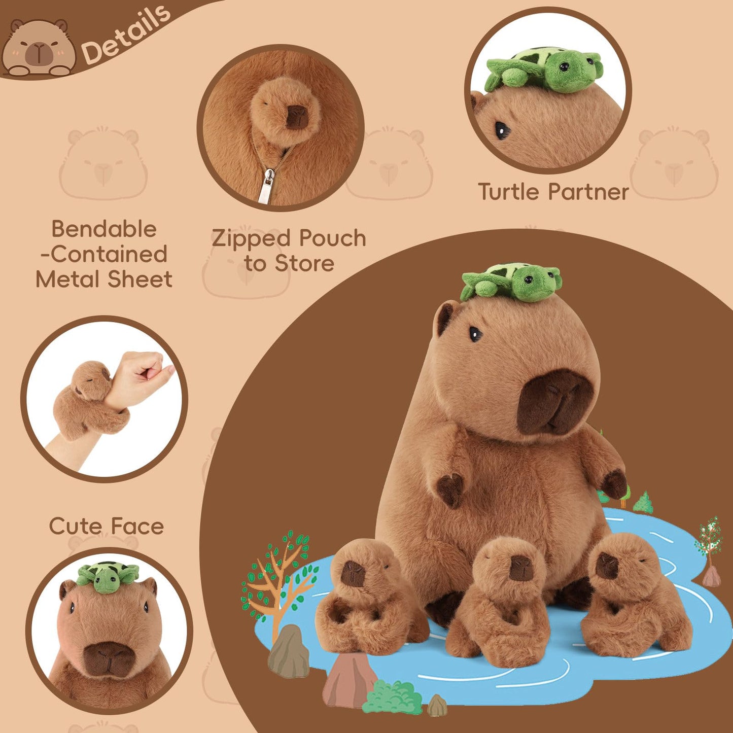 Youthfuljive 5-in-1 Capybara Plush Set: Mommy + 3 Babies, 12.8-Inch Large Capybara Plush