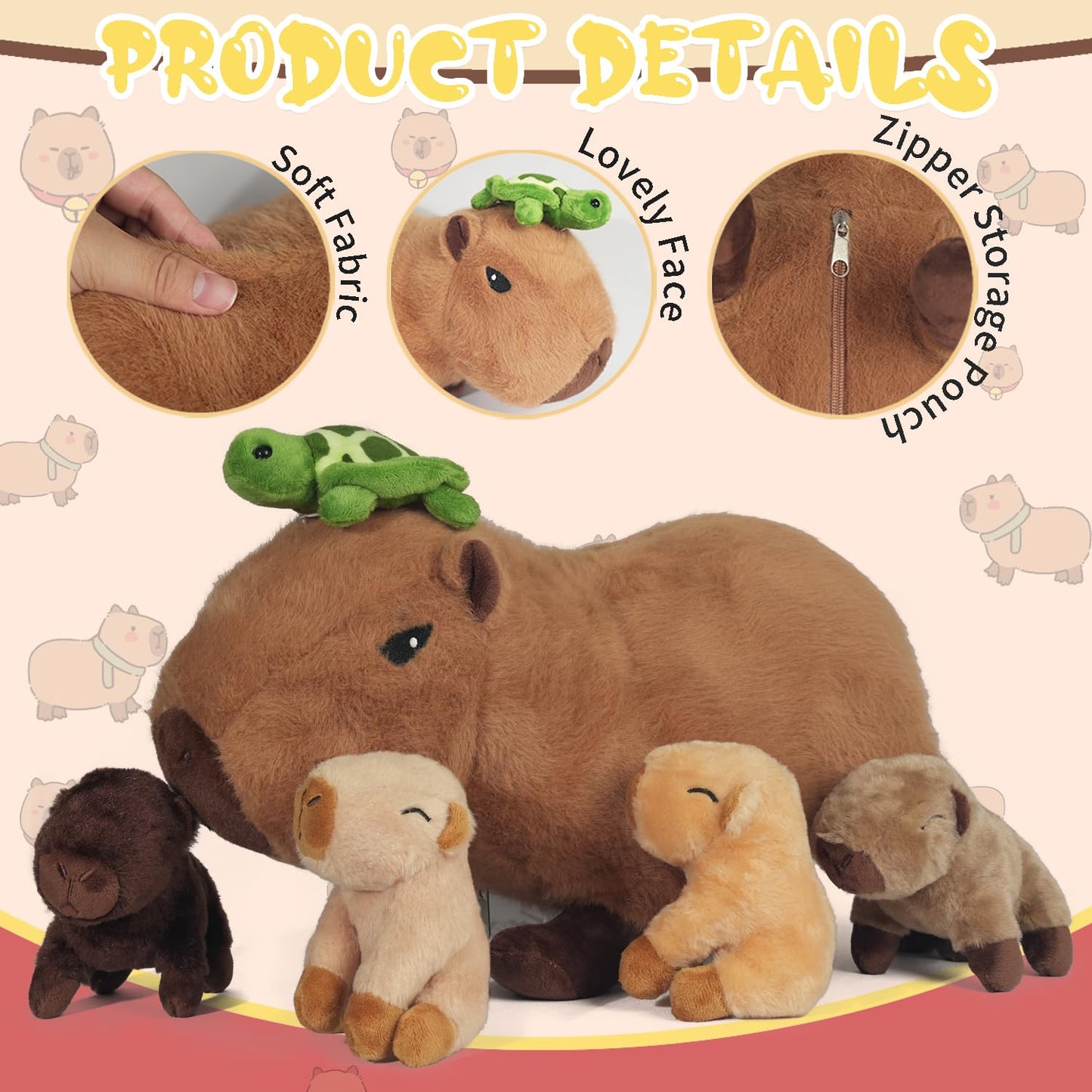 Youthfuljive 6 in 1 Capybara Plush – Mommy with 4 Babies Inside, 14.2-Inch Large Capybara Stuffed Animal