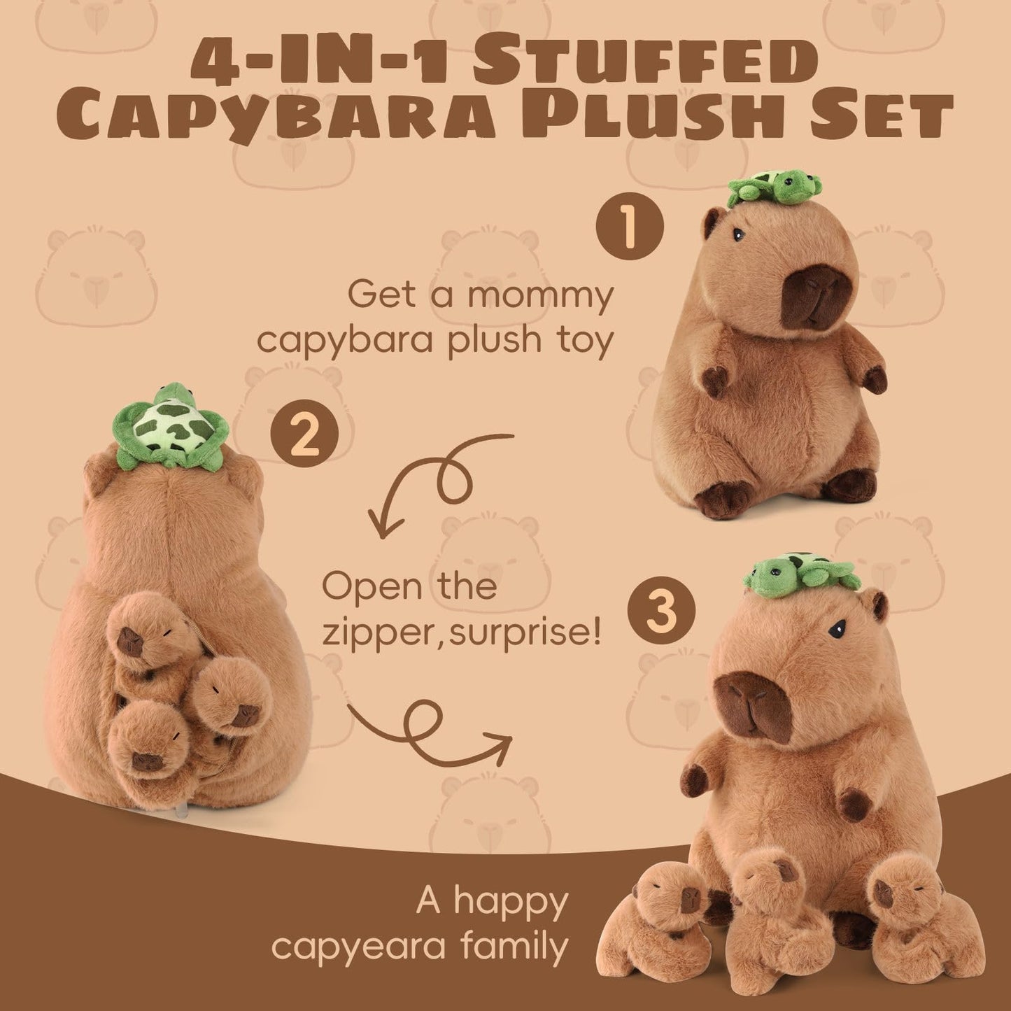 Youthfuljive 5-in-1 Capybara Plush Set: Mommy + 3 Babies, 12.8-Inch Large Capybara Plush