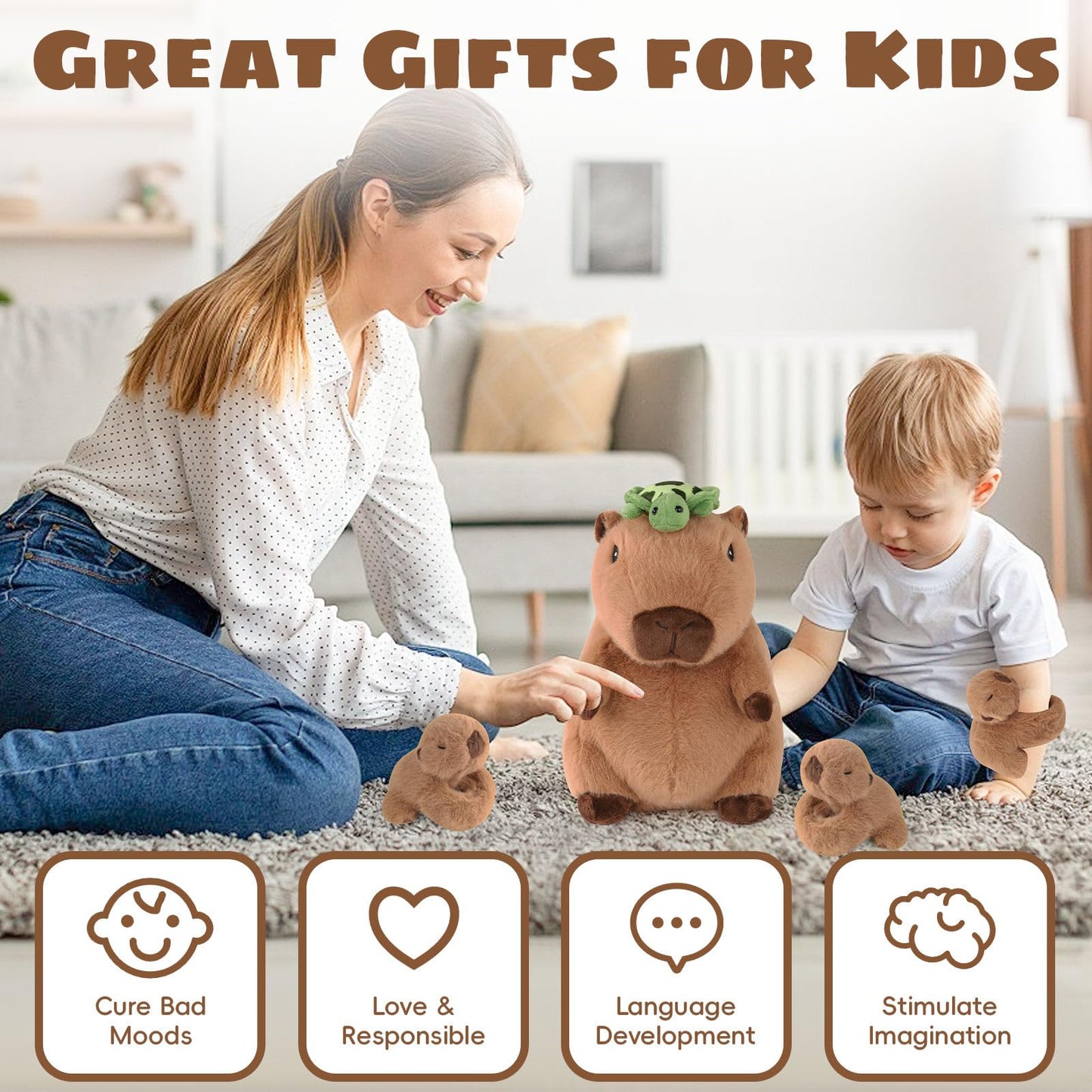 Youthfuljive 5-in-1 Capybara Plush Set: Mommy + 3 Babies, 12.8-Inch Large Capybara Plush