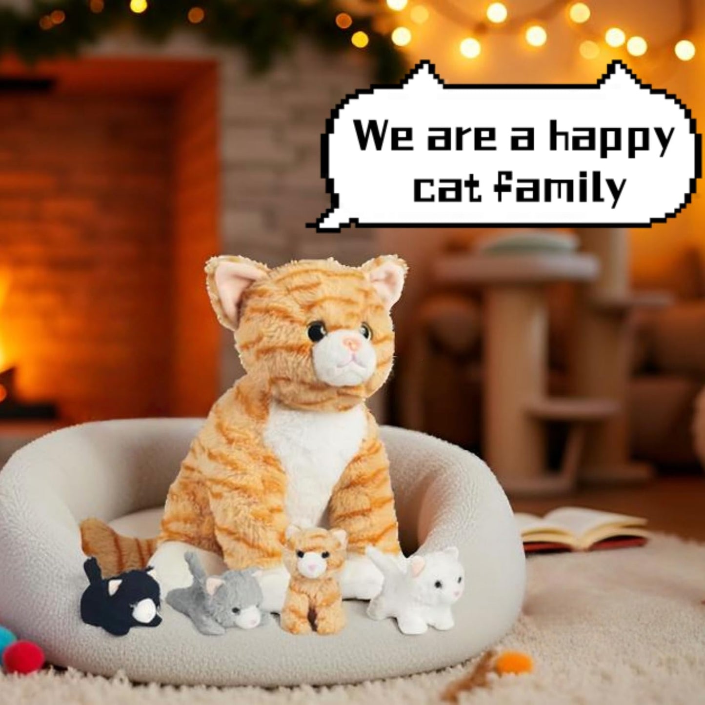 Youthfuljive 5-Piece Mommy Cat Plush with 4 Baby Kittens – Orange Tabby Toy