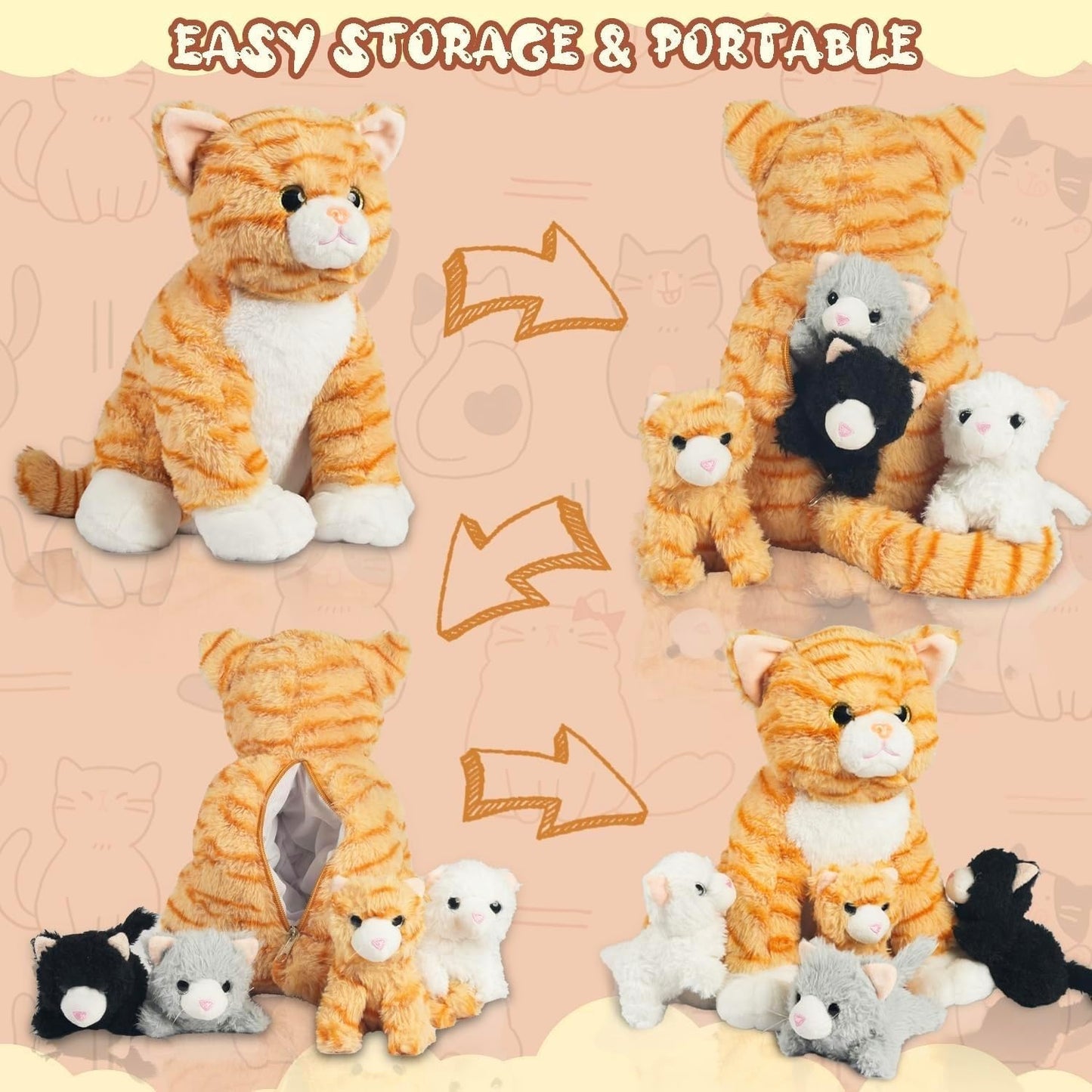 Youthfuljive 5-Piece Mommy Cat Plush with 4 Baby Kittens – Orange Tabby Toy