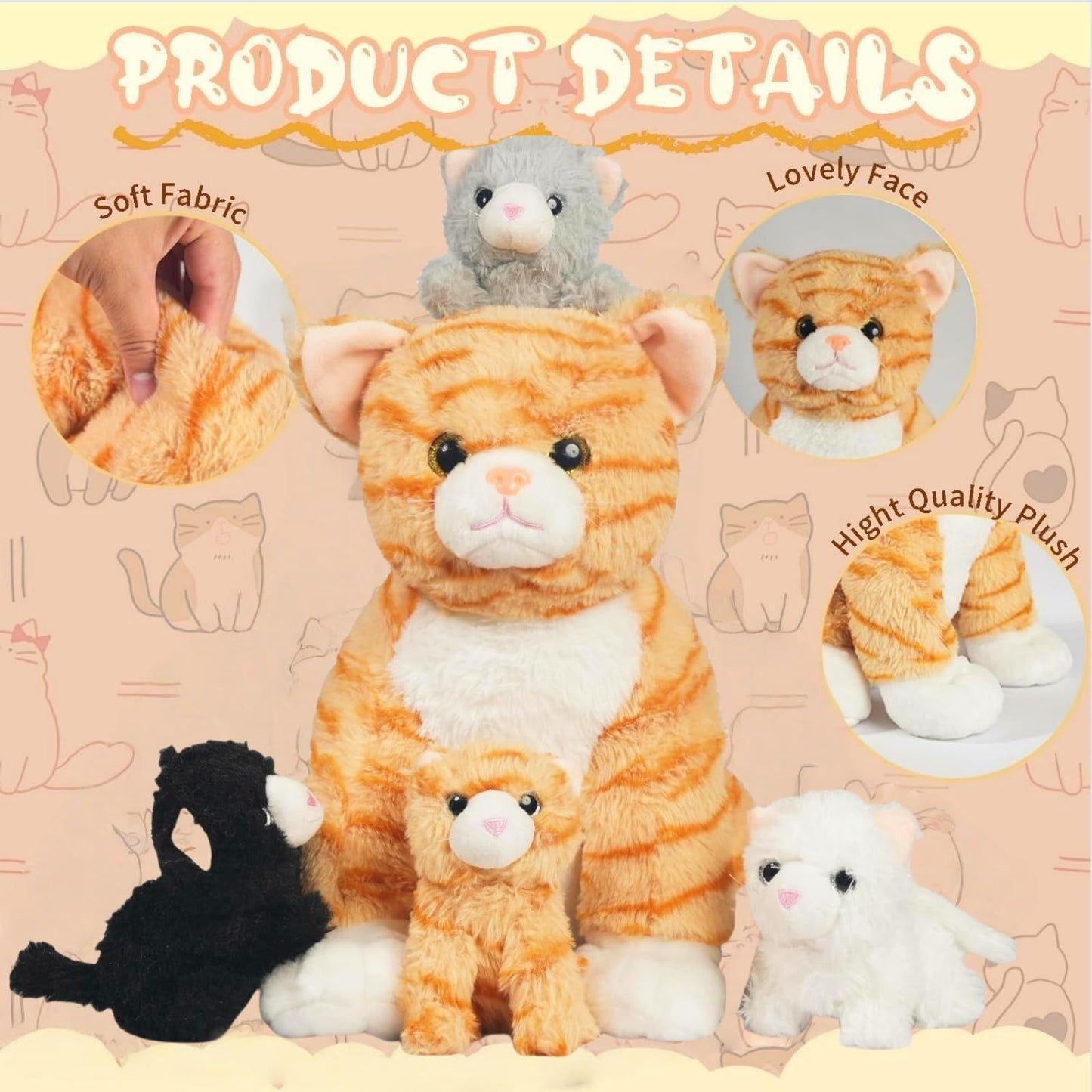 Youthfuljive 5-Piece Mommy Cat Plush with 4 Baby Kittens – Orange Tabby Toy