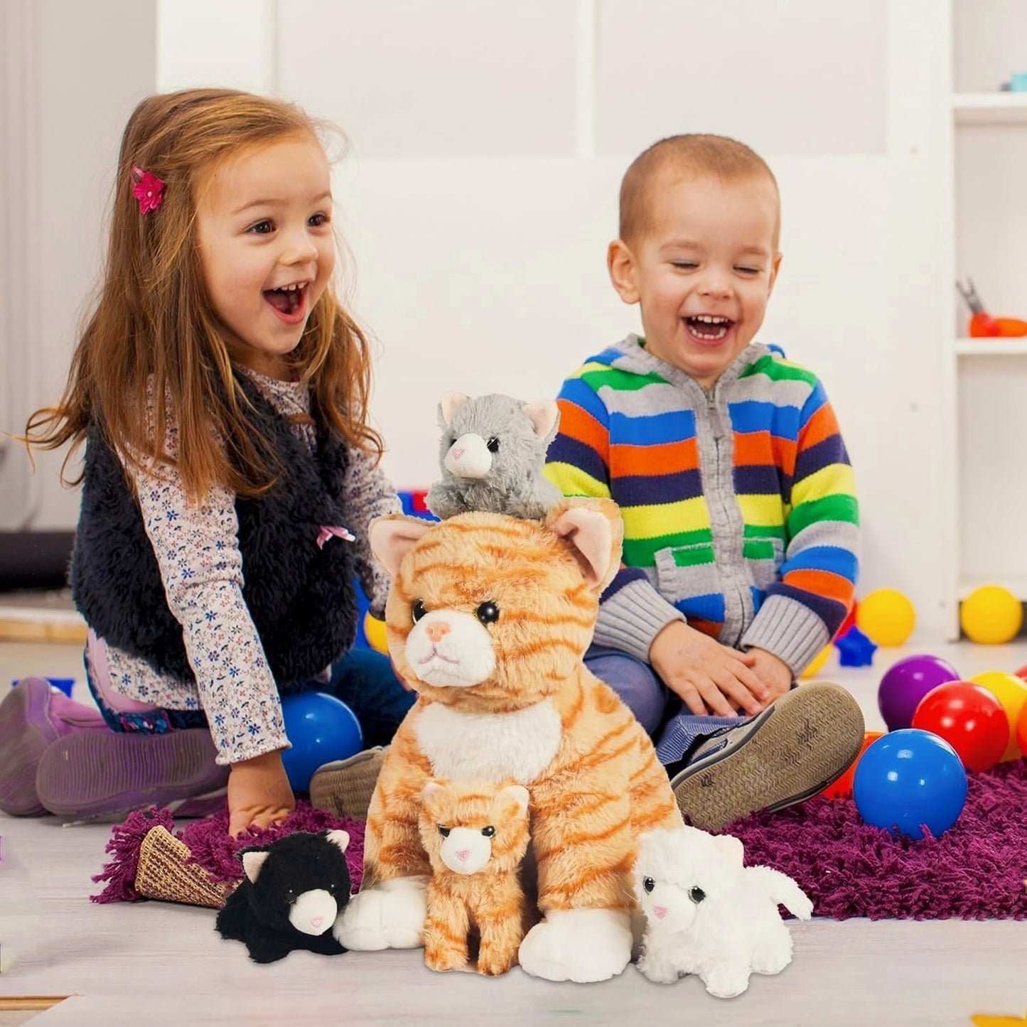 Youthfuljive 5-Piece Mommy Cat Plush with 4 Baby Kittens – Orange Tabby Toy