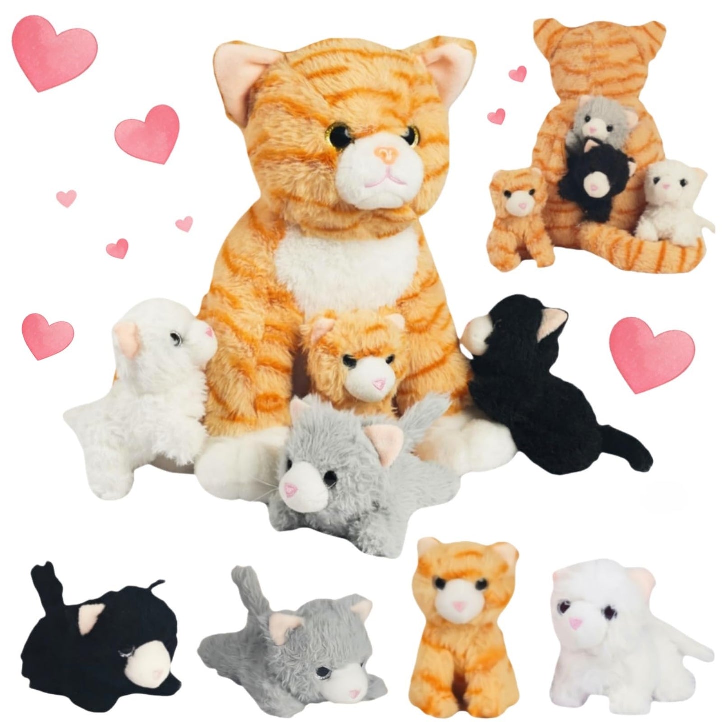 Youthfuljive 5-Piece Mommy Cat Plush with 4 Baby Kittens – Orange Tabby Toy
