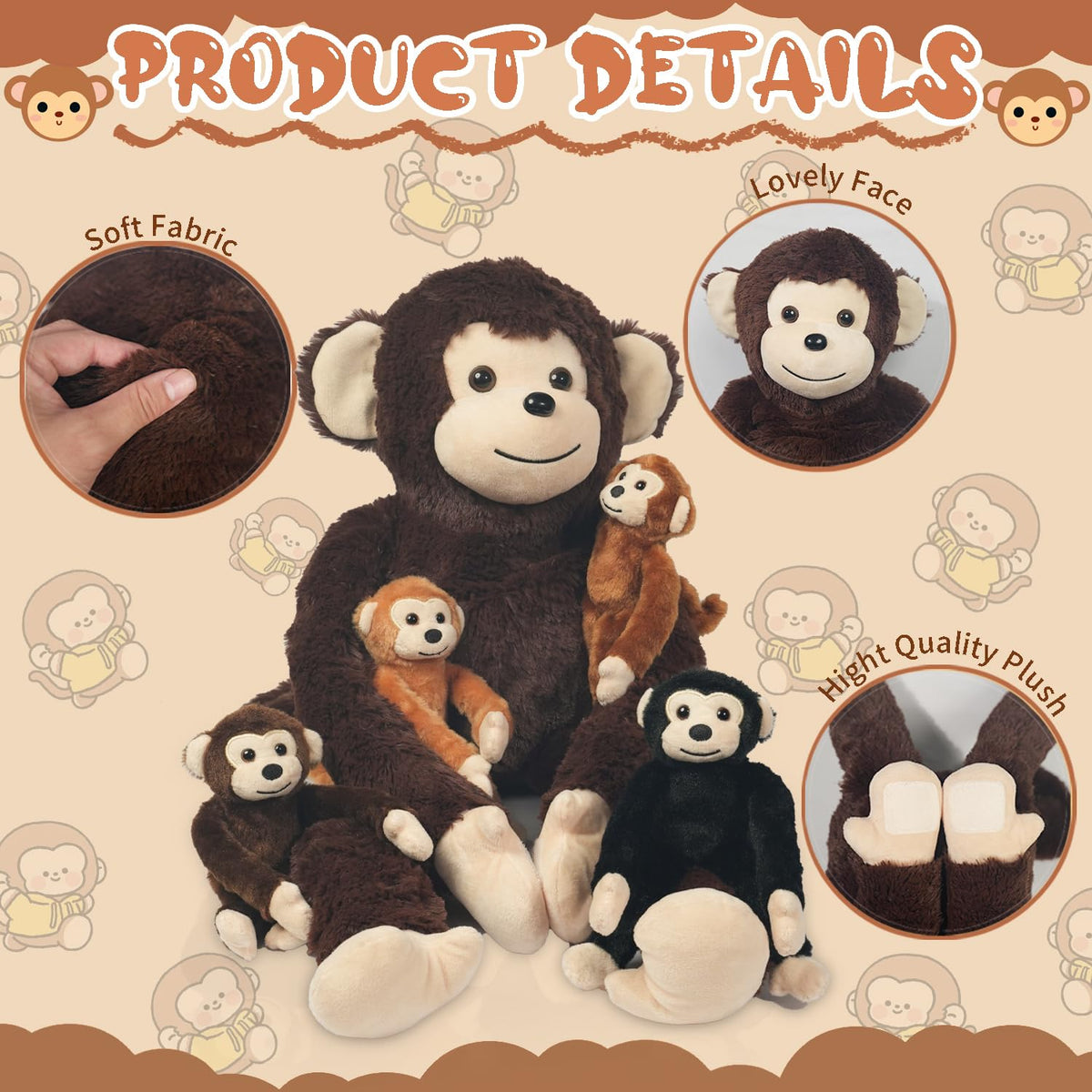 Youthfuljive 5-in-1 Monkey Stuffed Animal Set – Mommy & 4 Babies Plush Toy
