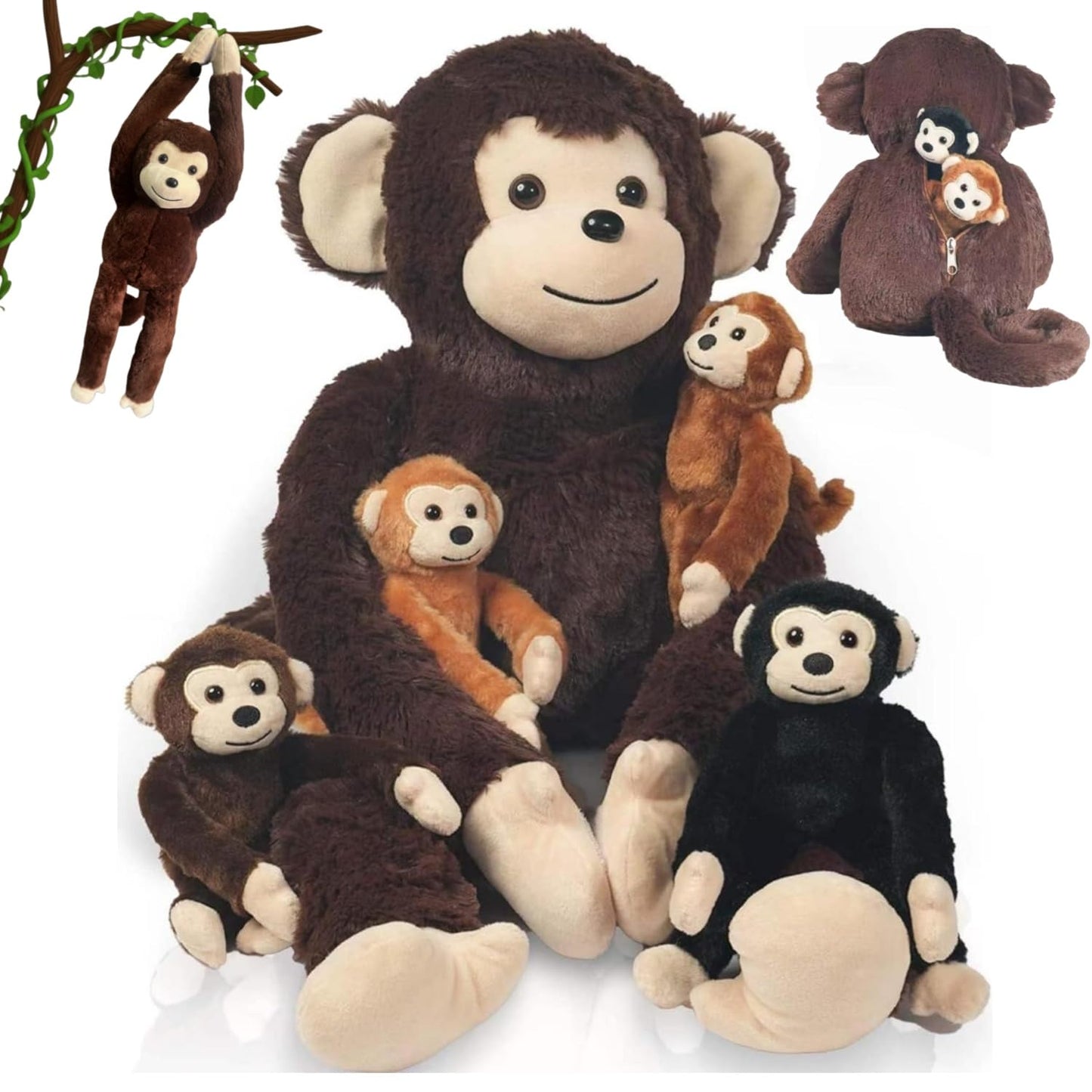 Youthfuljive 5-in-1 Monkey Stuffed Animal Set – Mommy & 4 Babies Plush Toy