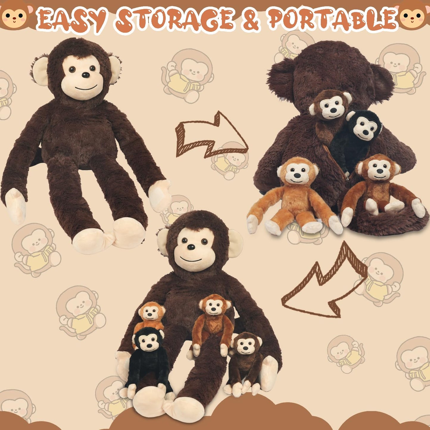 Youthfuljive 5-in-1 Monkey Stuffed Animal Set – Mommy & 4 Babies Plush Toy