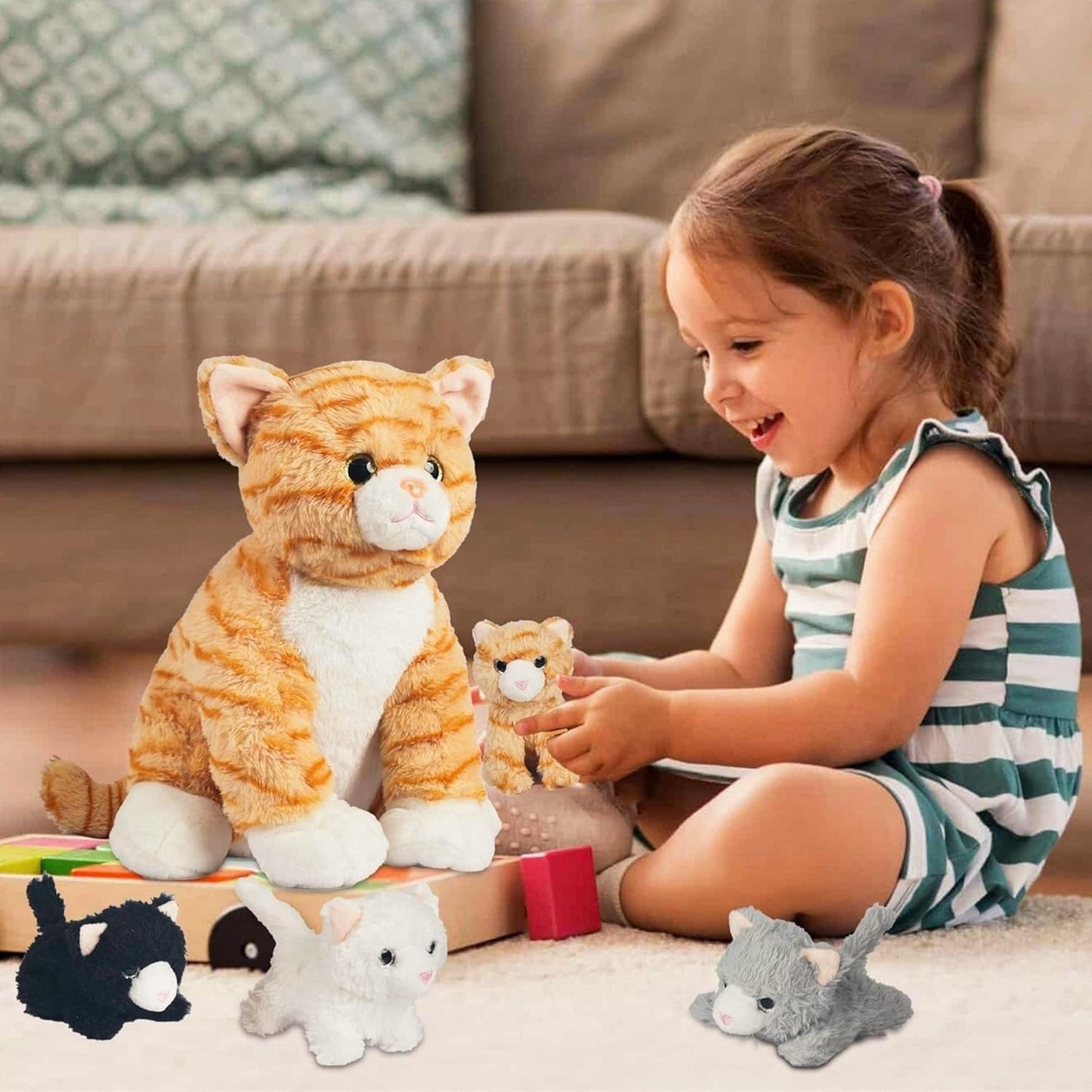 Youthfuljive 5-Piece Mommy Cat Plush with 4 Baby Kittens – Orange Tabby Toy