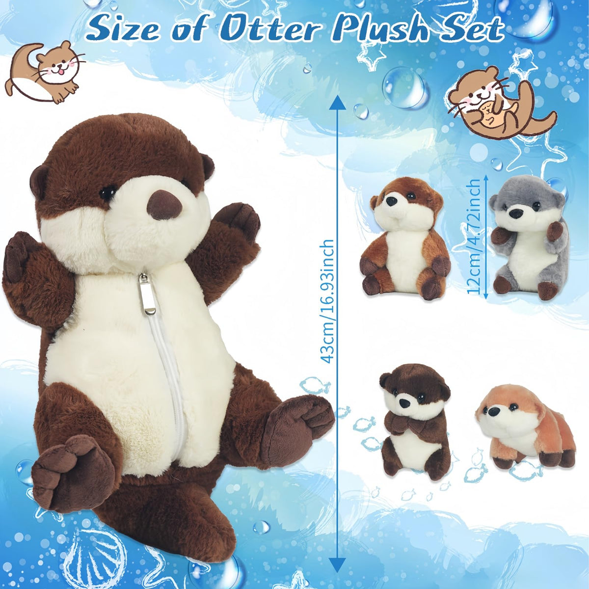 Youthfuljive Sea Otter Plush Set – 5 Pcs with Zipper Pouch (Mommy + 4 Babies)