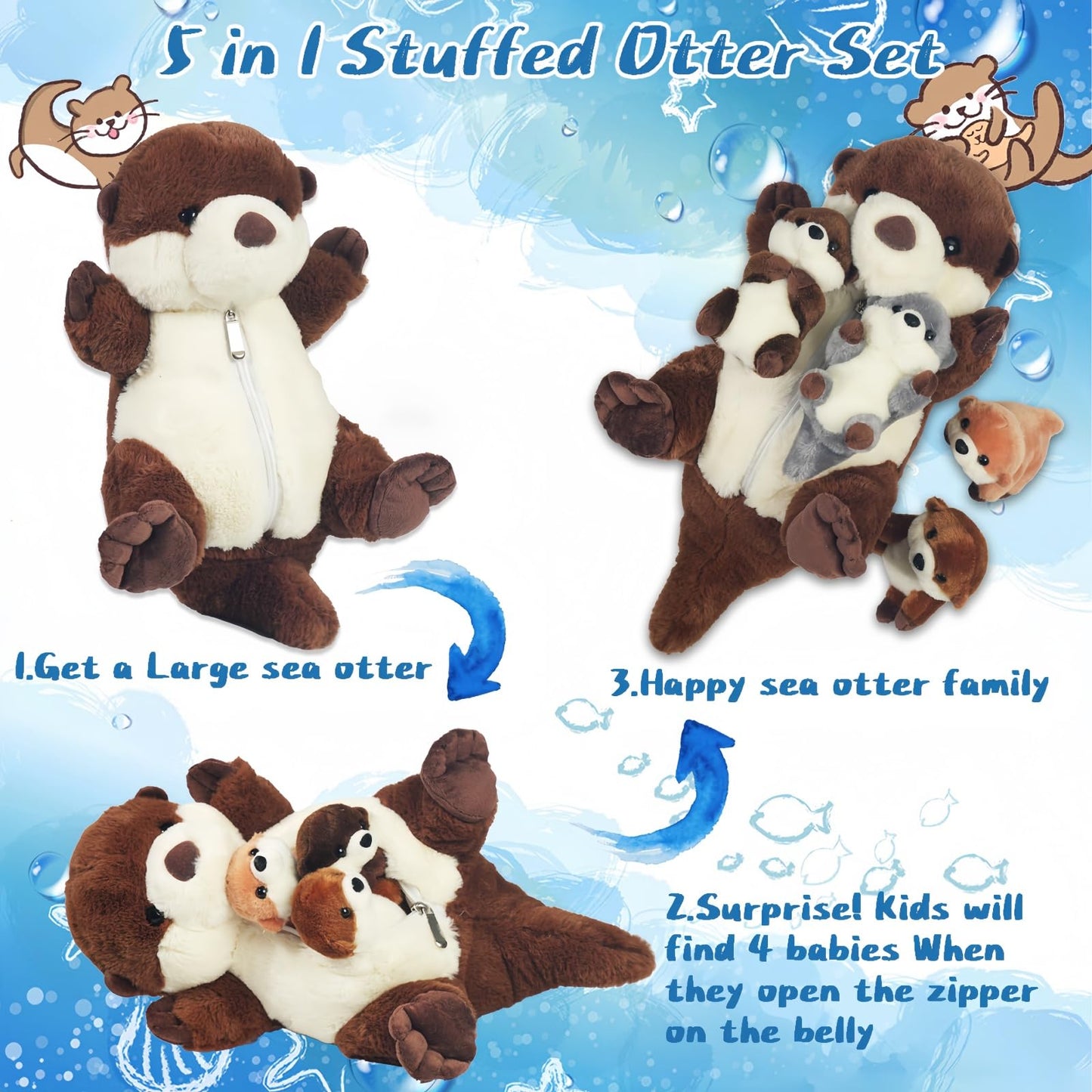 Youthfuljive Sea Otter Plush Set – 5 Pcs with Zipper Pouch (Mommy + 4 Babies)