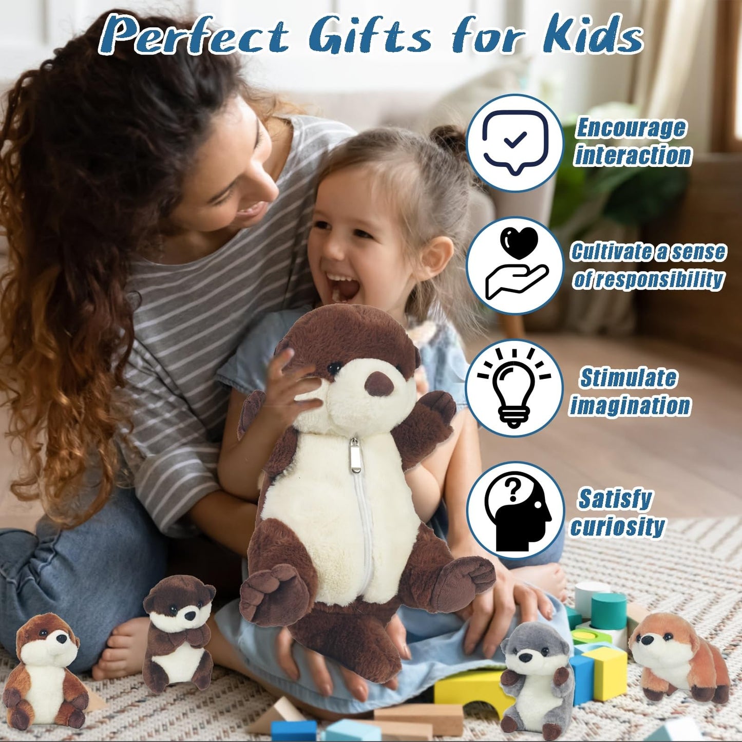 Youthfuljive Sea Otter Plush Set – 5 Pcs with Zipper Pouch (Mommy + 4 Babies)