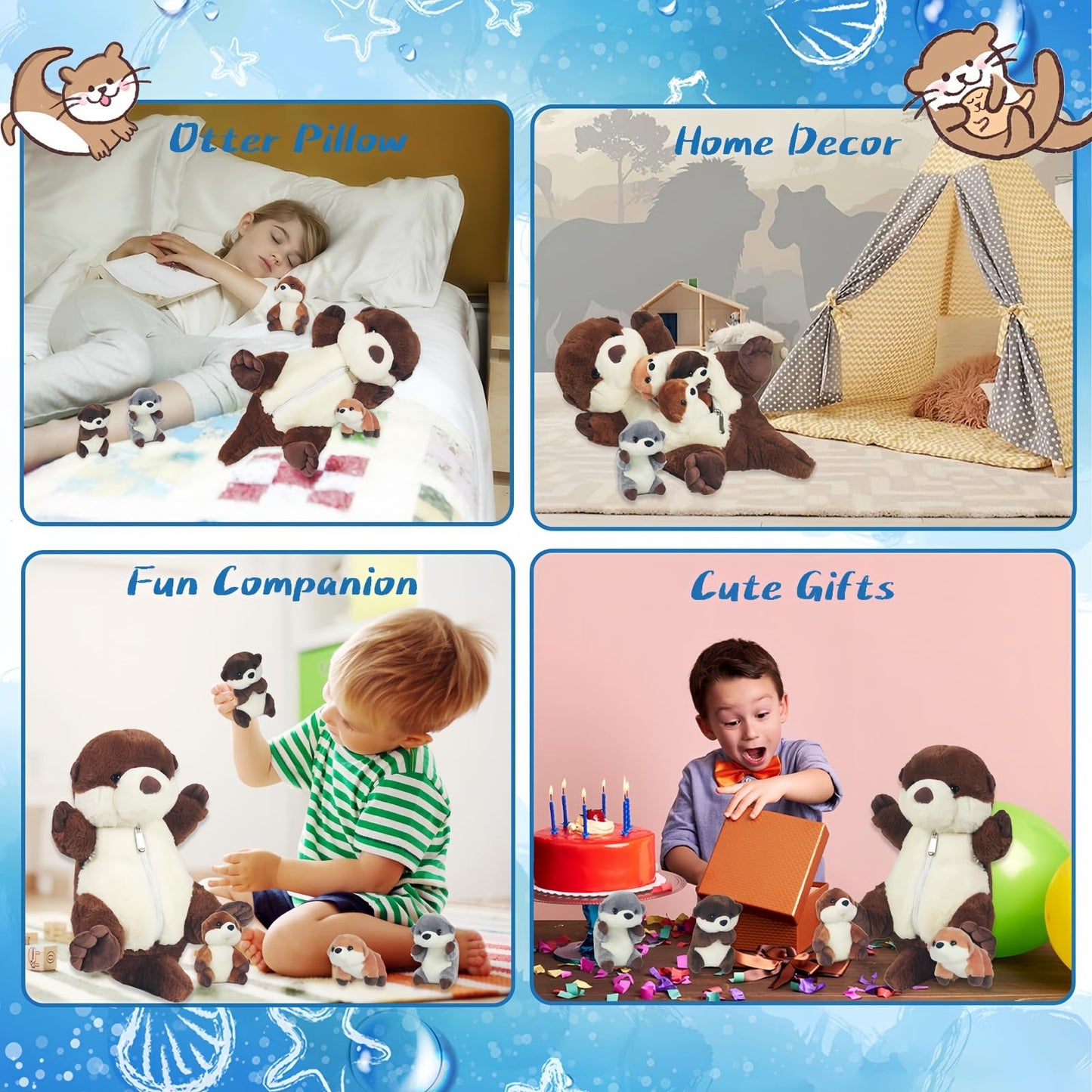 Youthfuljive Sea Otter Plush Set – 5 Pcs with Zipper Pouch (Mommy + 4 Babies)